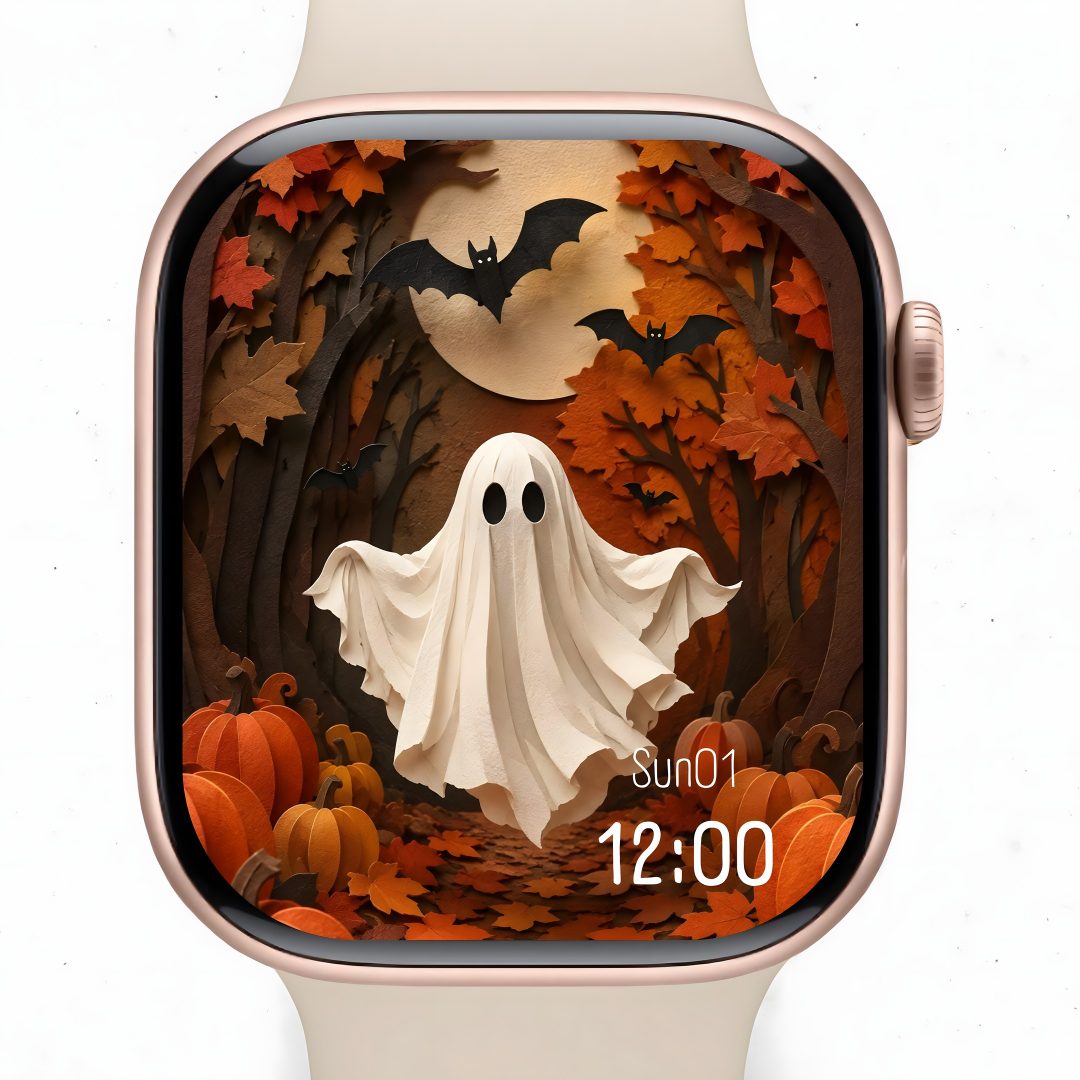 an apple watch with a halloween scene on the screen and a ghost running through it Halloween Digital Watch silver