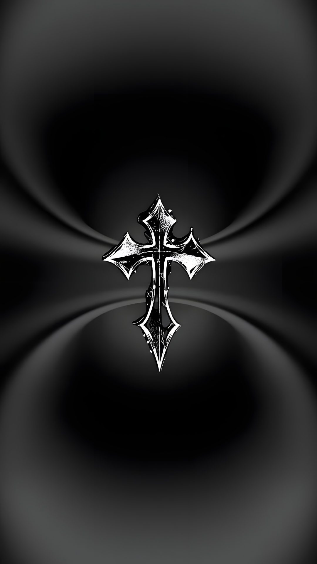 a black and white wallpaper with a cross on the center, in an abstract pattern Halloween Cross black