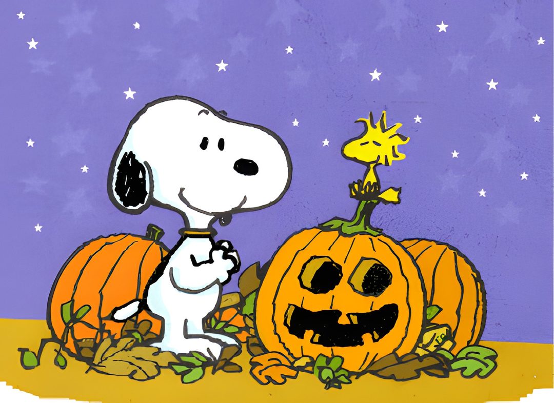 a charlie brown halloween card with pumpkins and jack - o'- lanternes Snoopy Halloween Gif medium purple