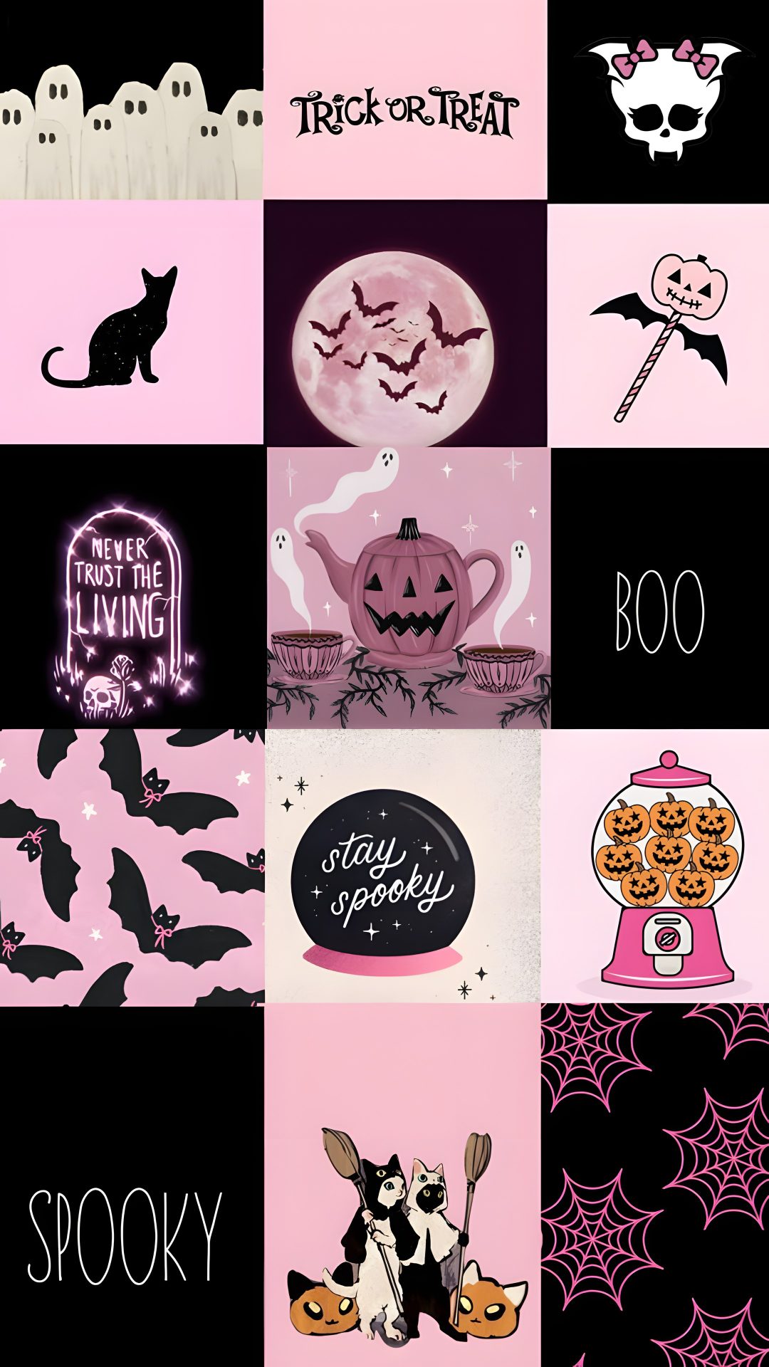 a collage of halloween cards with black cats and bats on pink, purple and black background Pink Halloween Collage gray