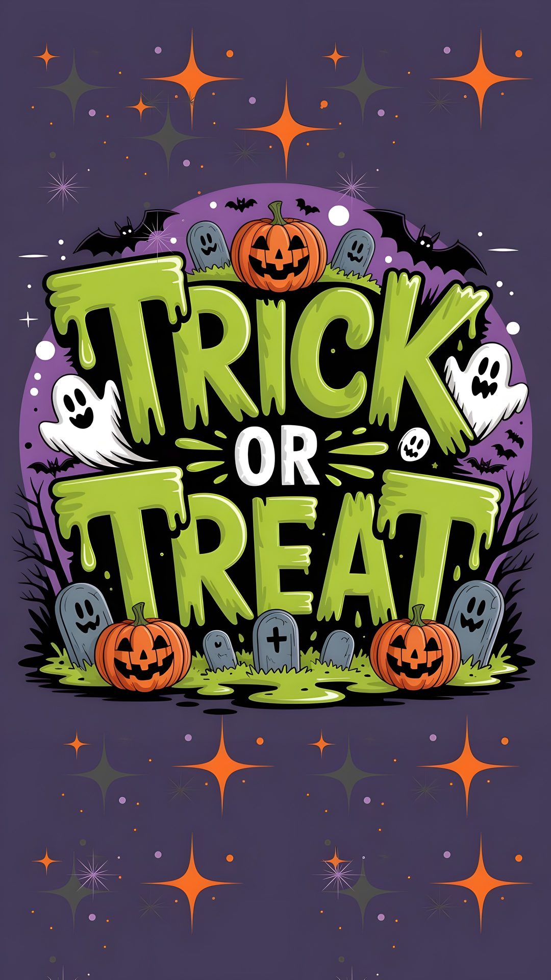 a trick or treat poster with pumpkins and ghost heads on it's purple background Large Scale Halloween Trick Or Treats Scary Photos, Halloween Shirt, Halloween, dark slate gray