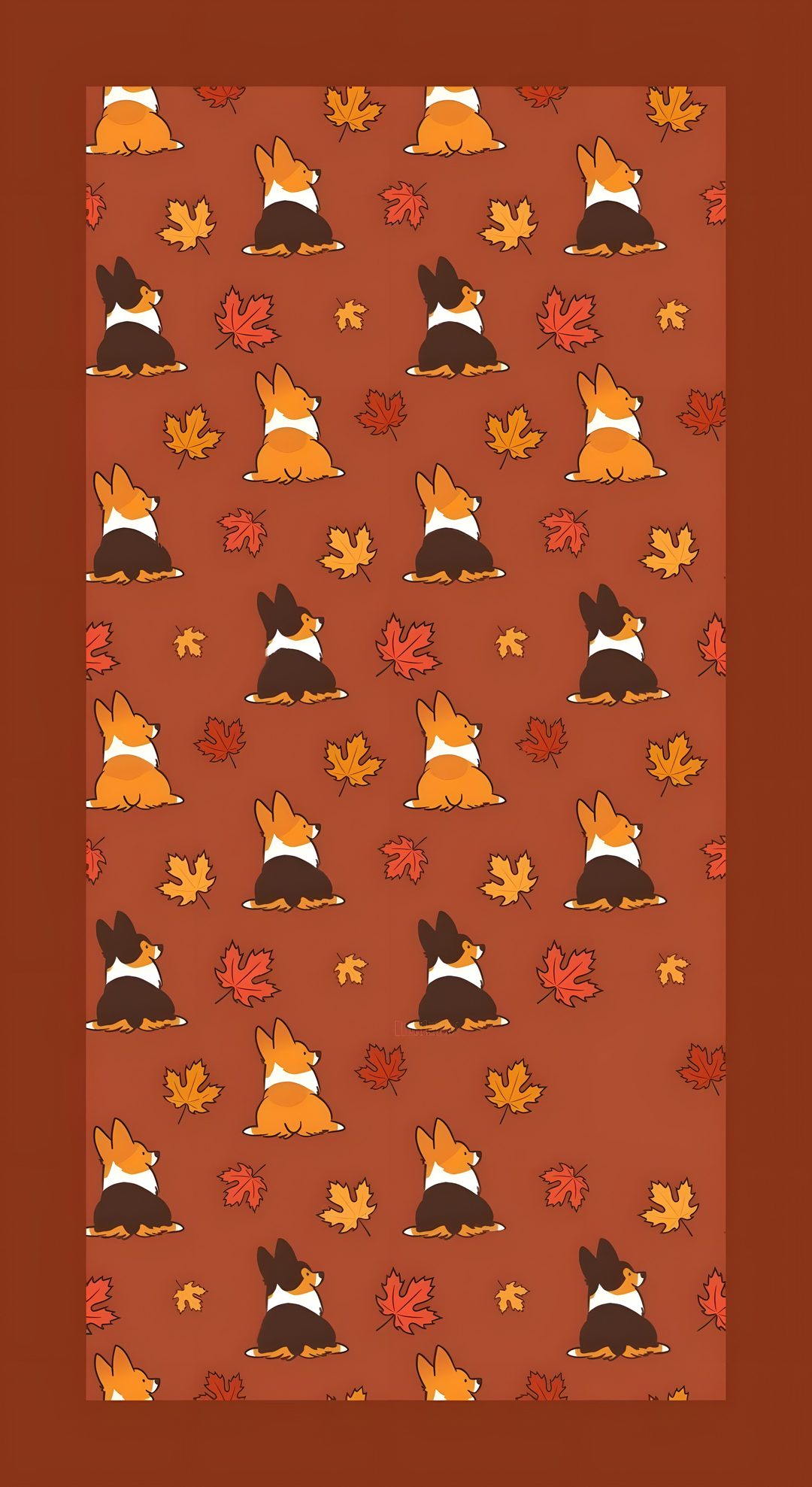 an orange and black dog pattern on a brown background with leaves in the foreground Halloween Corgi Pattern Corgi Phone, Cute, Phone, sienna