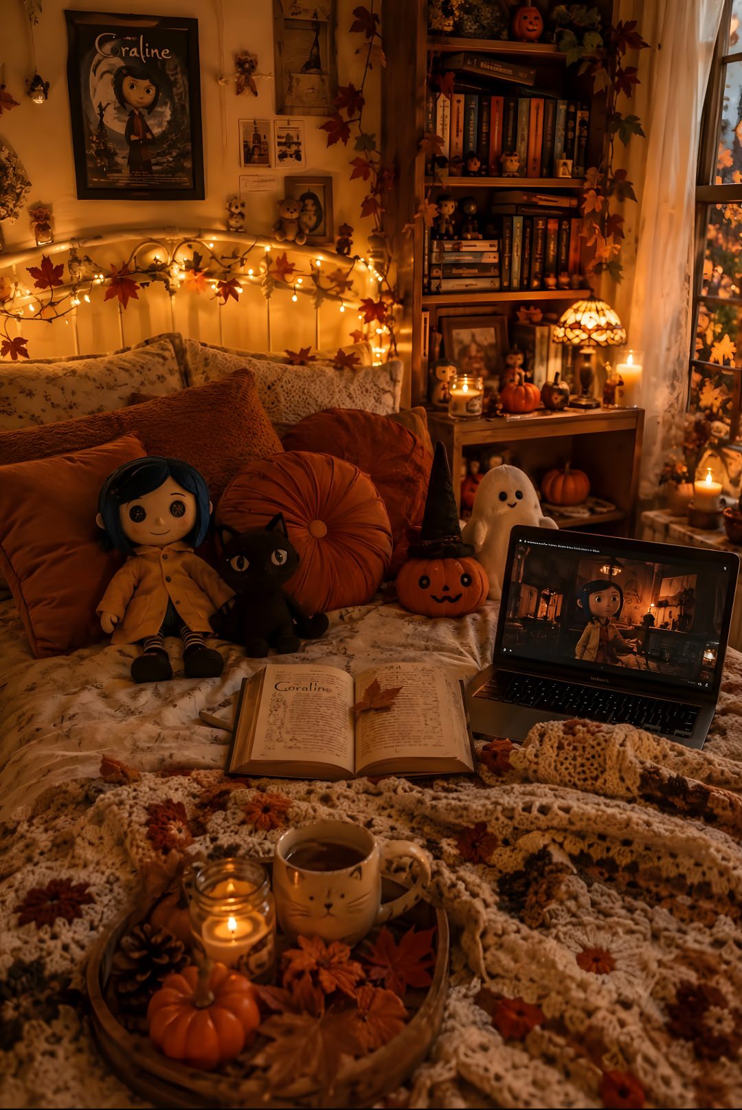 a bedroom decorated for halloween with pumpkins and books Cozy Halloween Aesthetic maroon