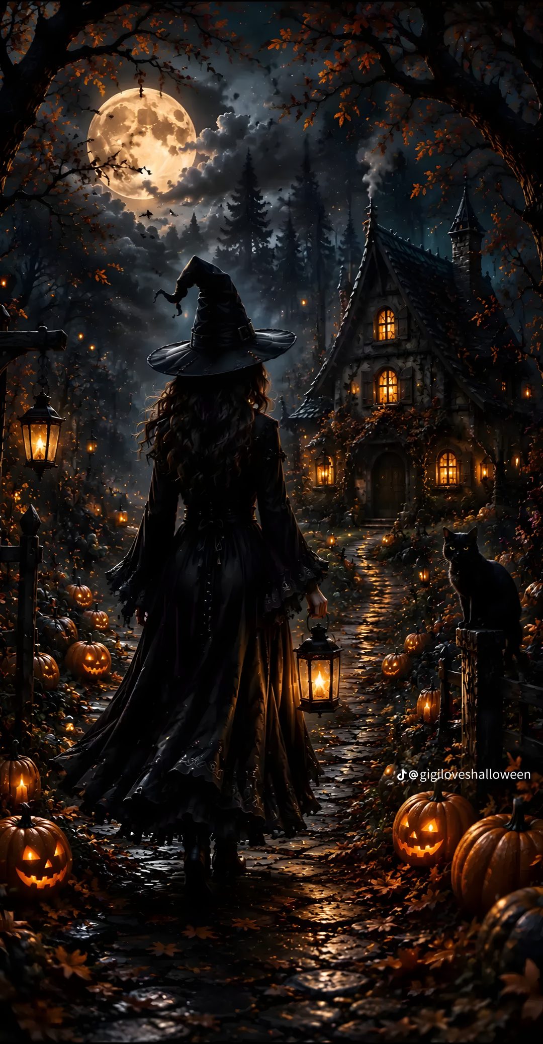a woman dressed as a witch walking down a path with pumpkins Halloween Season Of The Witch black