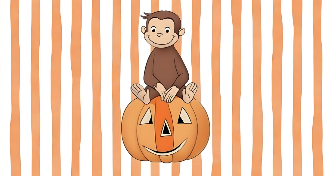 a monkey sitting on top of a jack o'lantern with stripes in the background Halloween Curios George Curious George, wheat