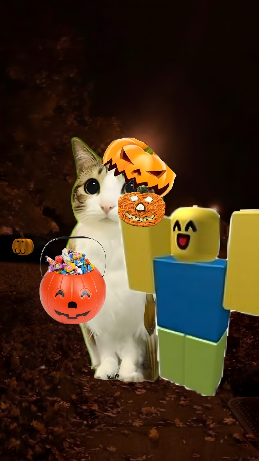 a cat is sitting in front of some blocks and pumpkins with faces on them Halloween Roblox black