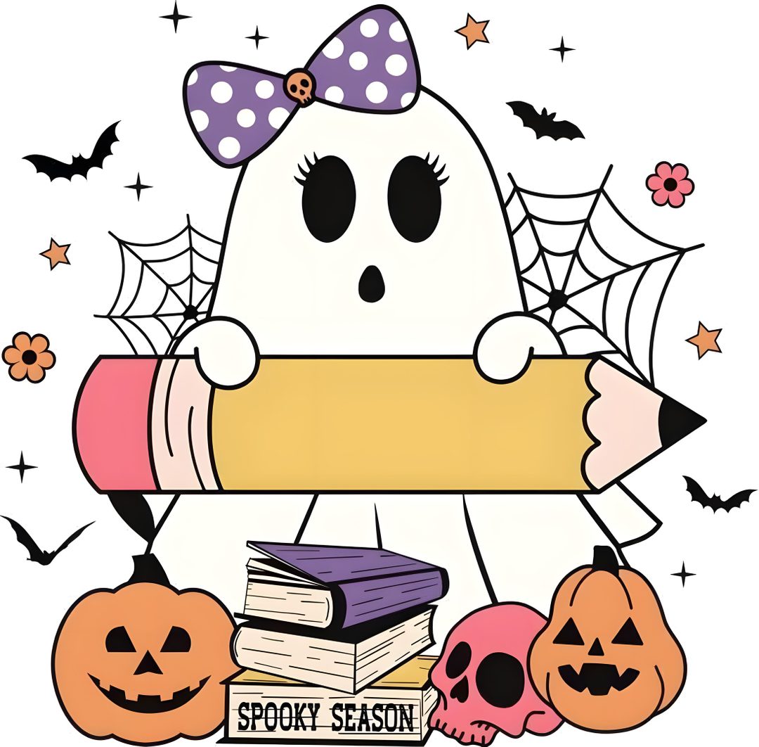a cartoon character holding a sign with books and pumpkins around it on halloween day Halloween Teacher floral white
