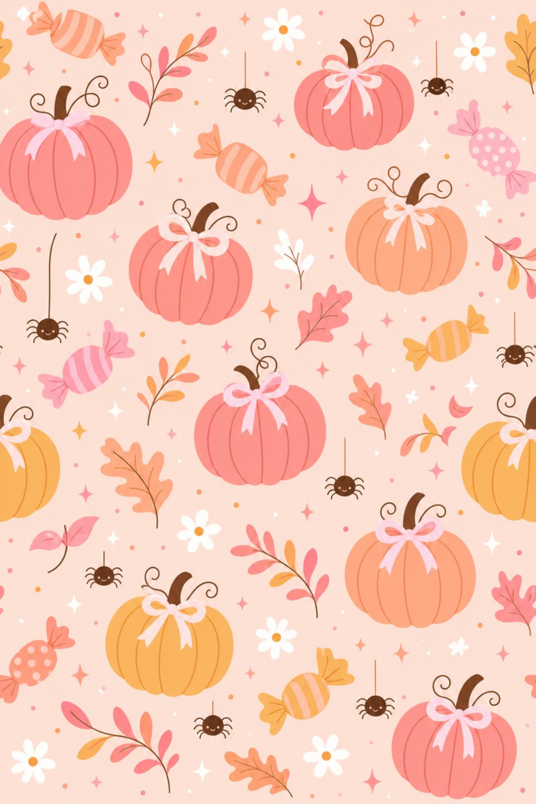 a pattern with pumpkins and leaves on a pink background Pastel Halloween Medium-pumpkin Patch Pumpkin Candy, Candy, antique white