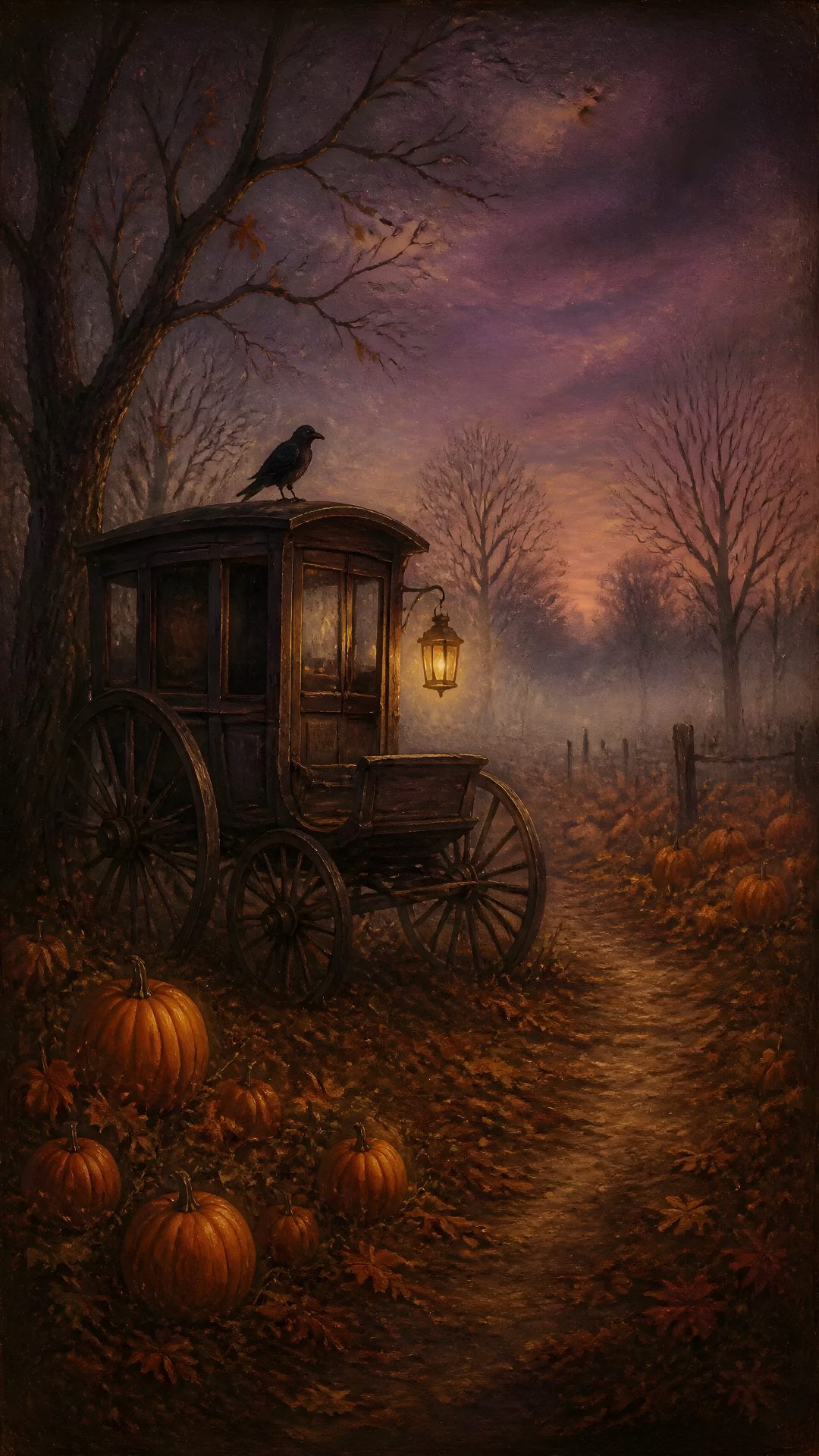 a painting of a horse drawn carriage in the middle of a field with pumpkins Old Ways Halloween black