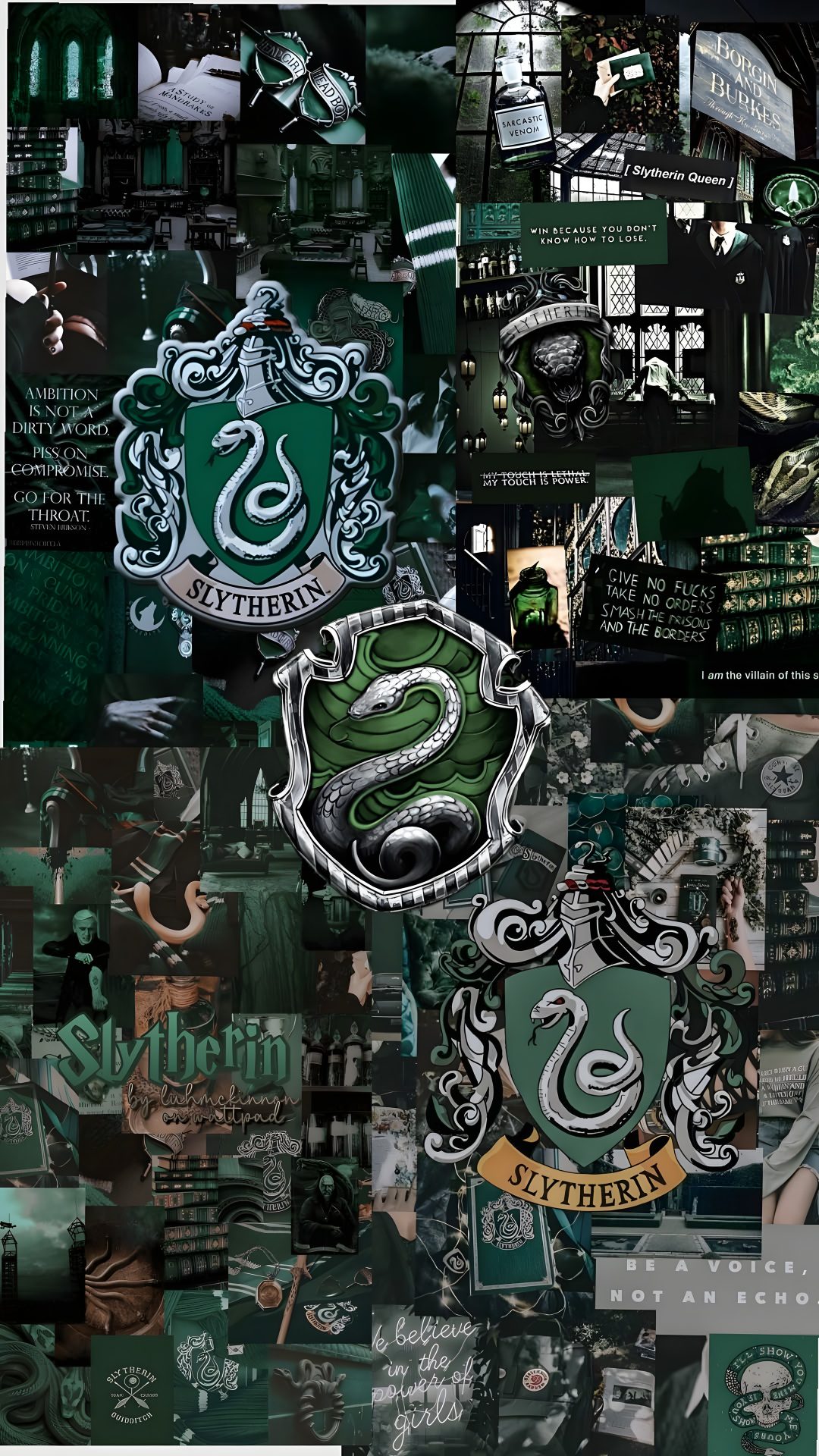 a collage of harry potter crests and other items Slytherin Halloween dark slate gray