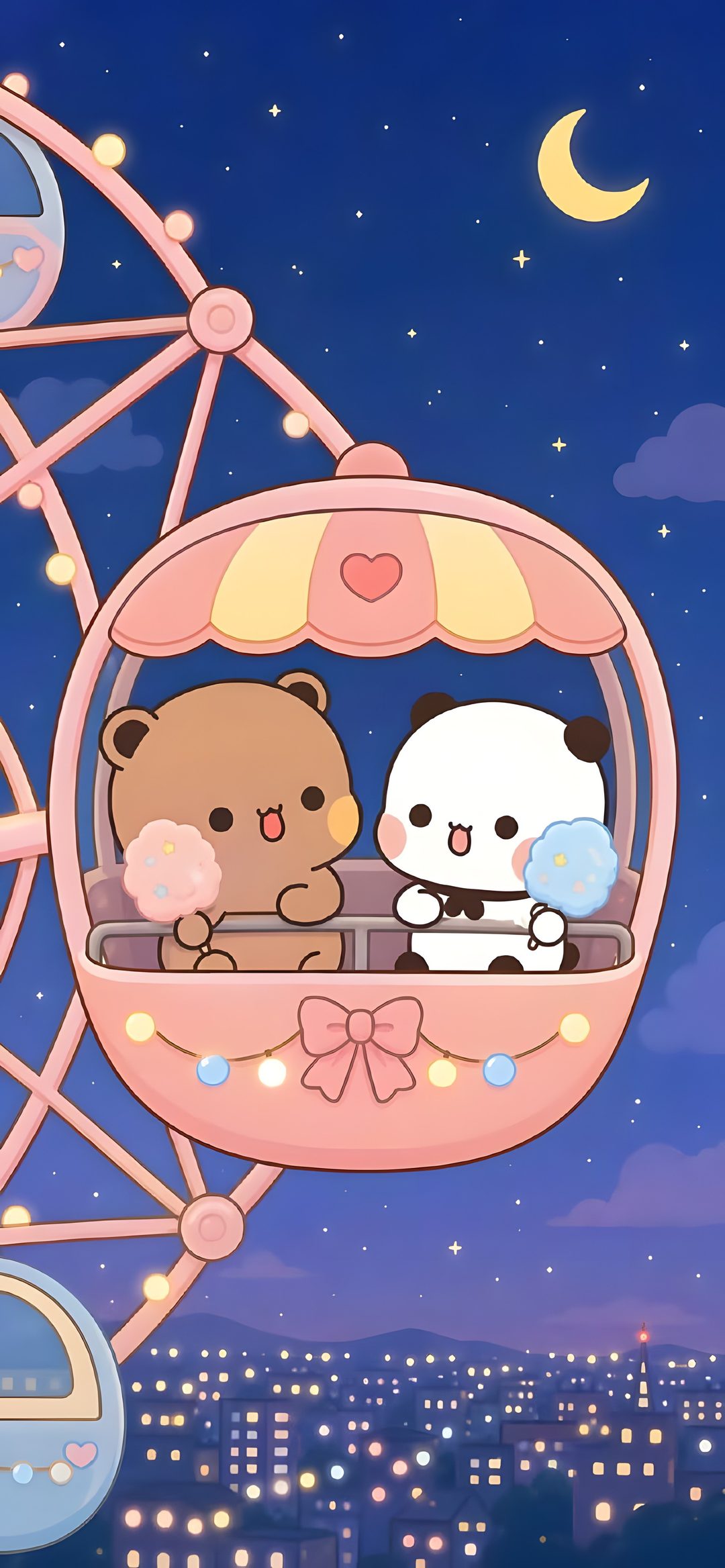 two teddy bears are riding in a ferris wheel at night with the city lights behind them Bubu Dudu Halloween dark slate blue