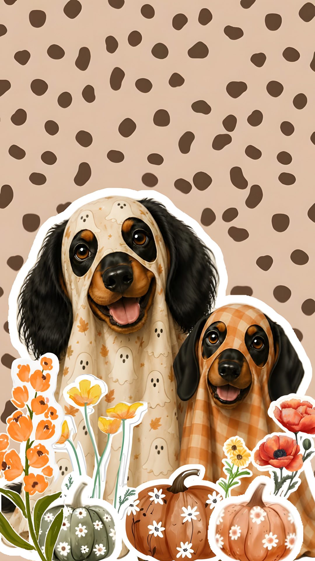 two dogs sitting next to each other with pumpkins and flowers Halloween Dog Background tan