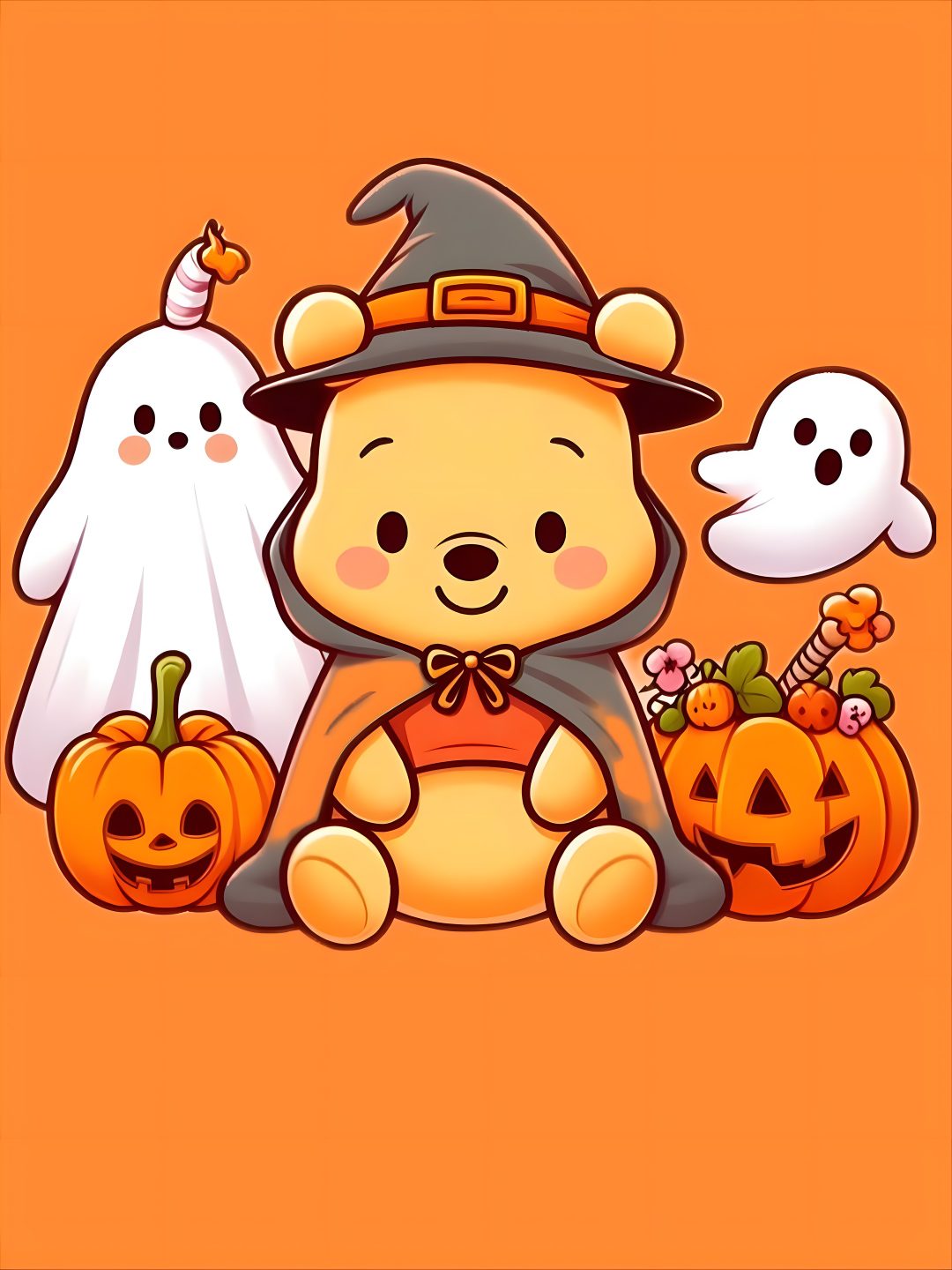 a teddy bear dressed up as a witch with ghost and pumpkins on an orange background Halloween Winnie The Pooh coral