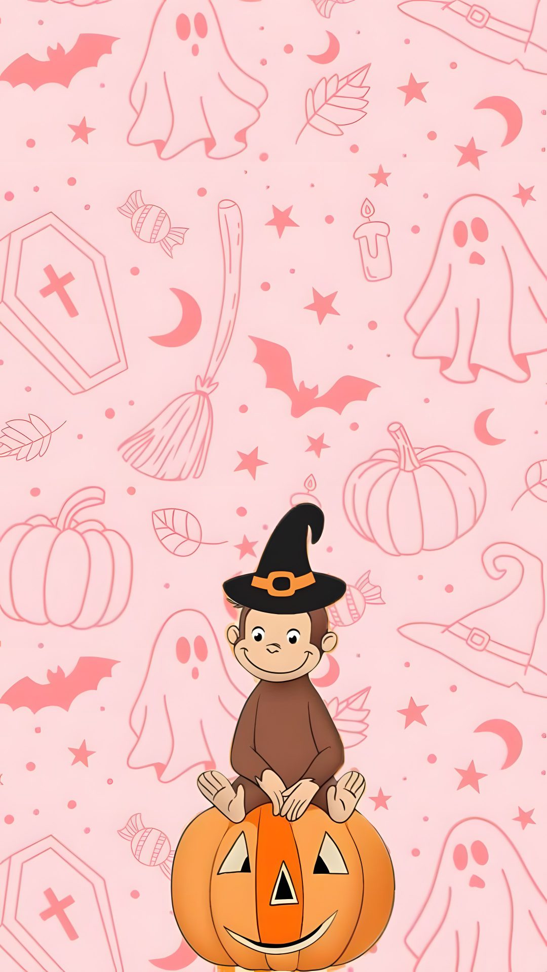 a monkey sitting on top of a pumpkin with halloween symbols in the backgroud Halloween Monkey misty rose