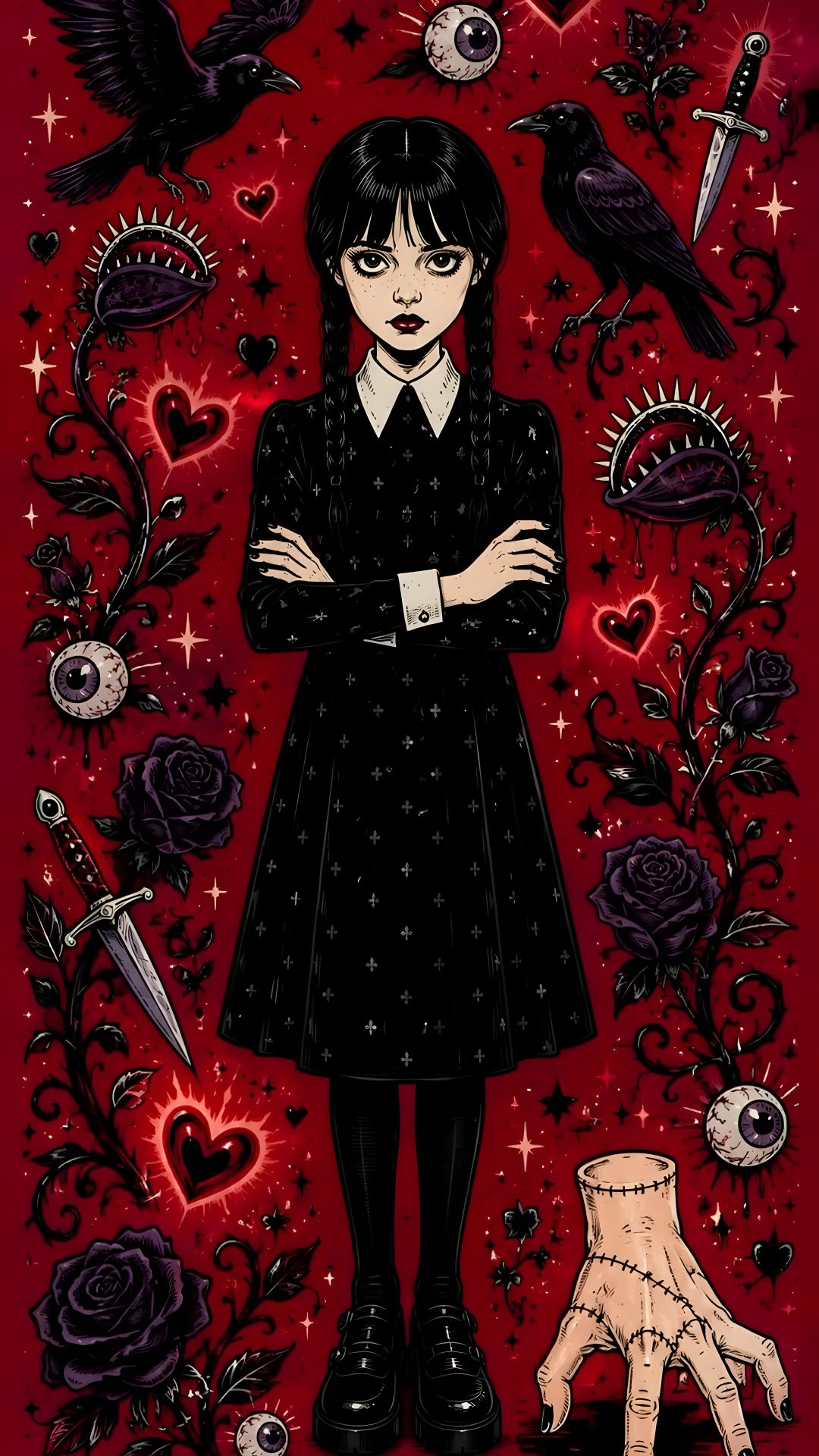 a woman standing in front of a red background with black and white artwork on it Wednesday Halloween maroon