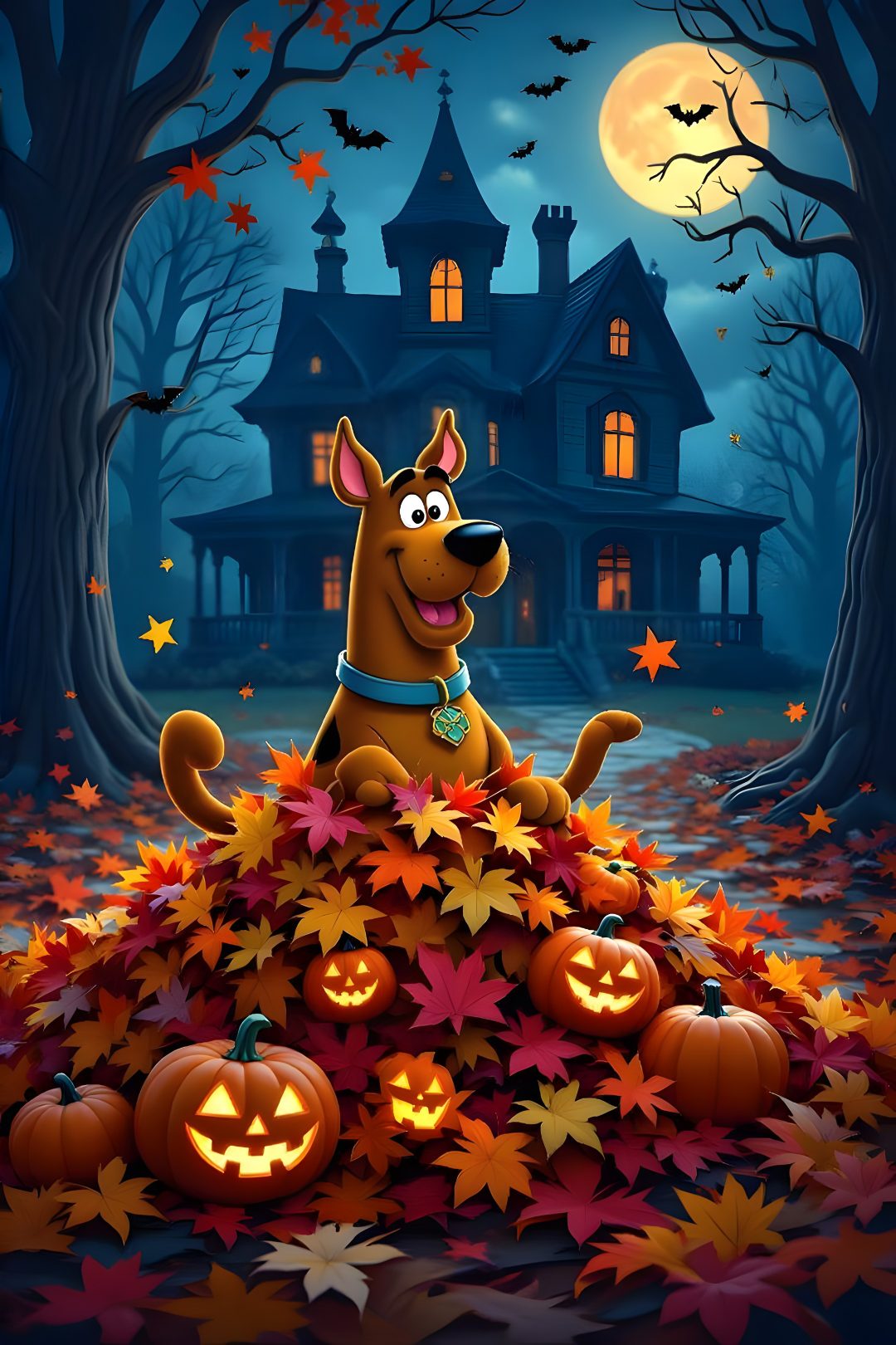 a cartoon dog sitting on top of a pile of pumpkins in front of a house Scooby Doo Halloween Iphone dark slate gray