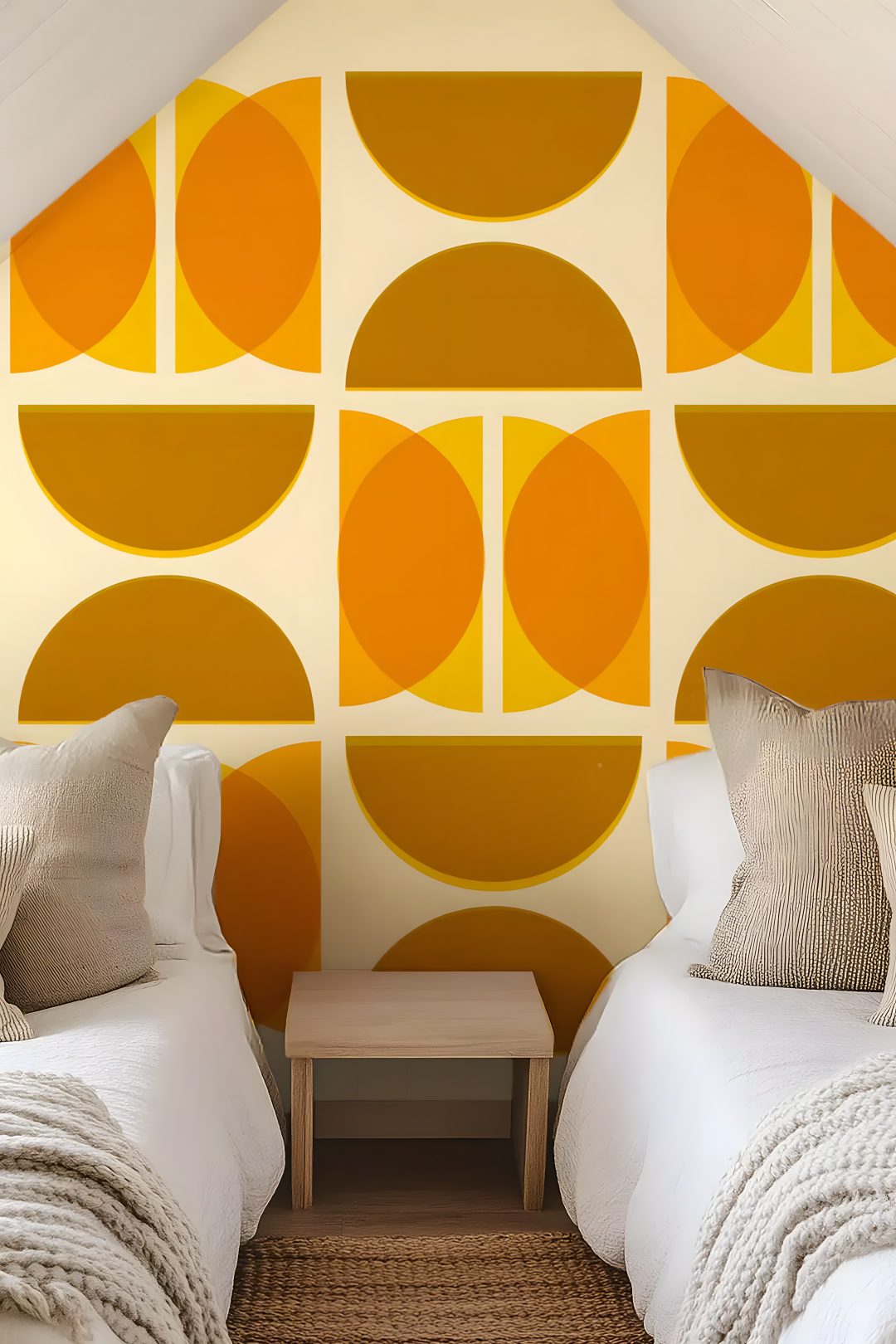two beds in a room with orange and yellow wallpaper Halloween Circle Geometric In Ochre peru