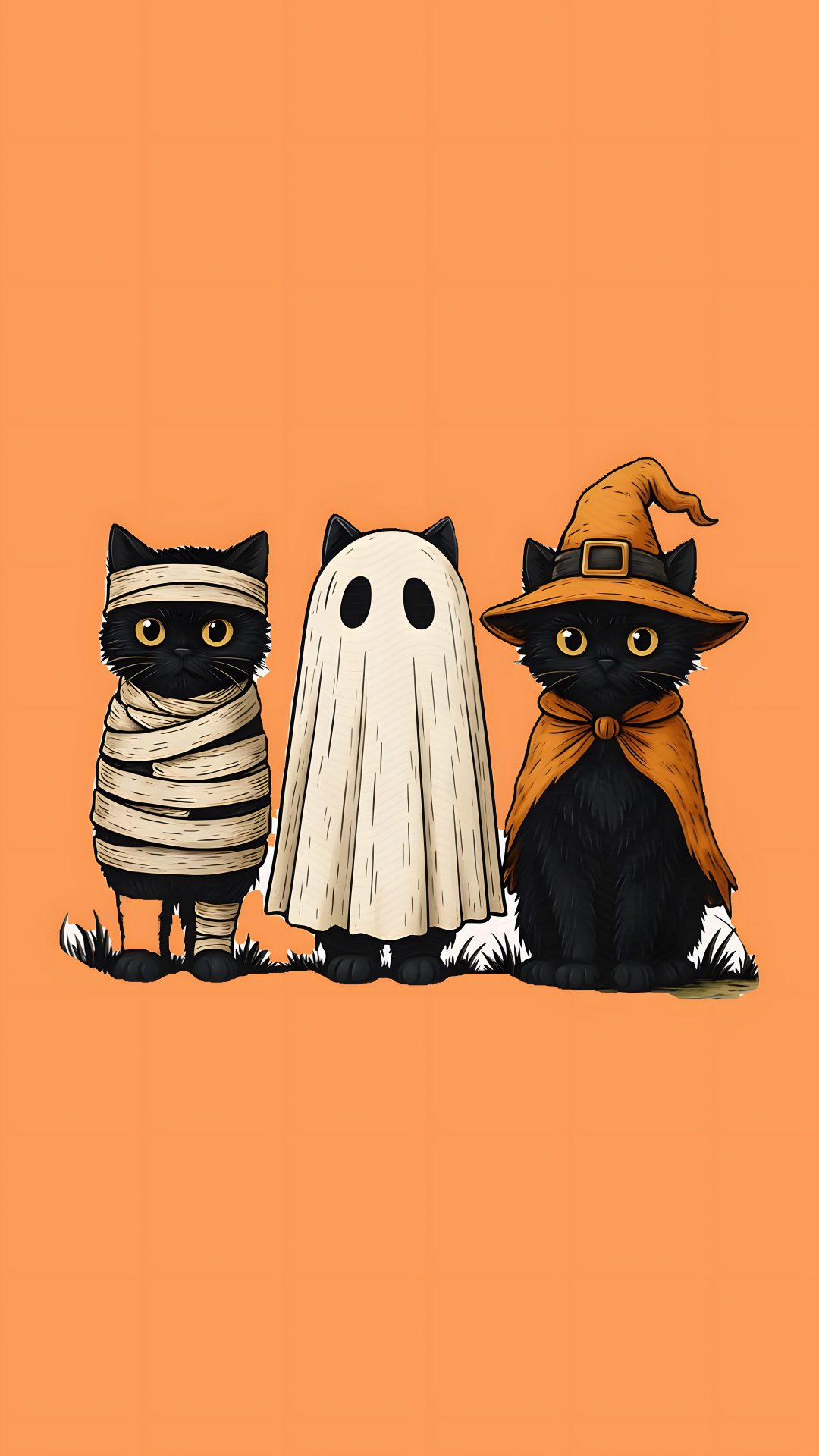 three cats dressed up as witches and ghost on an orange background with text that reads, halloween Halloween Animal sandy brown