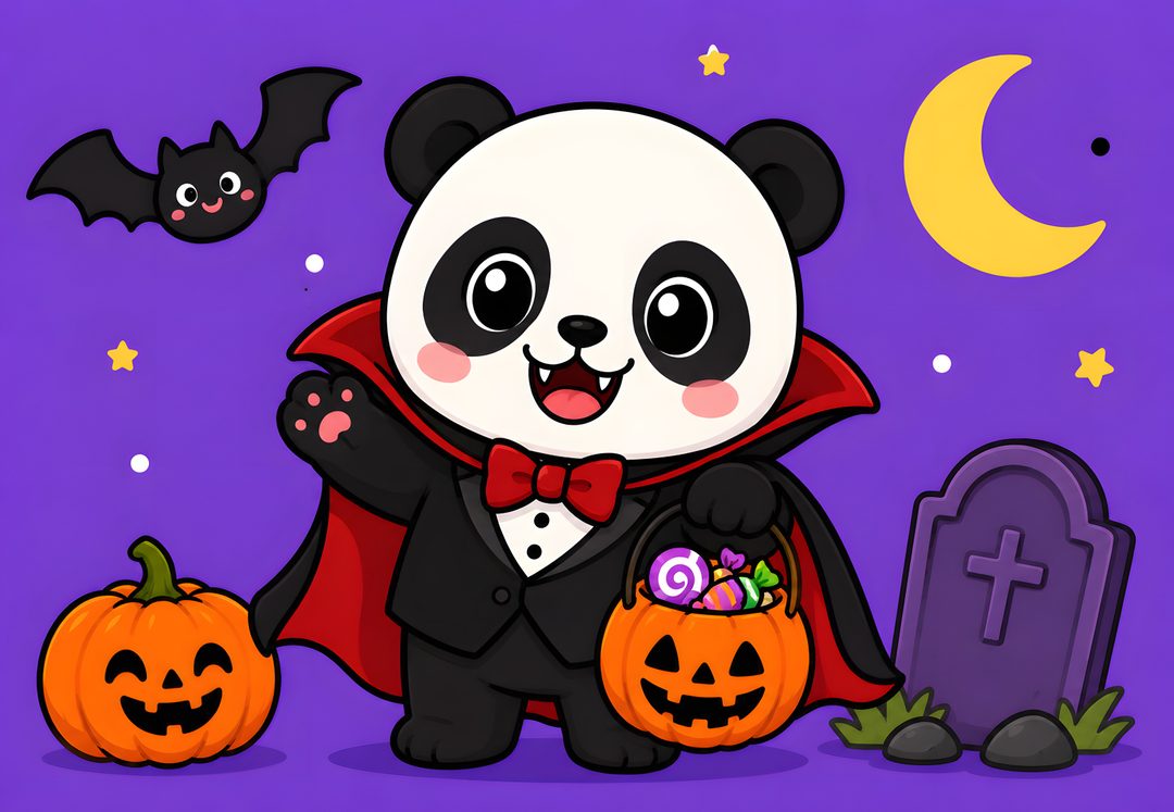 a panda bear dressed up as a vampire and holding a pumpkin in front of a grave Cute Halloween Panda blue violet