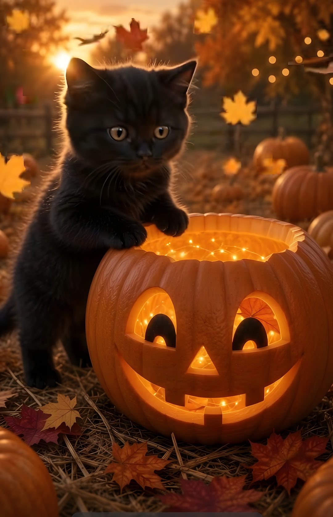a black cat sitting on top of a pumpkin with its eyes open and glowing in the dark Halloween Kittens saddle brown