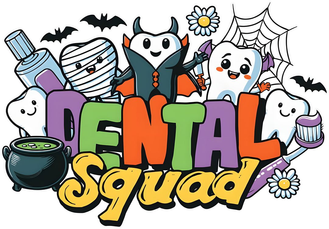 the words dental squad are surrounded by cartoon characters and halloween decorations, including bats, spider webs, flowers, and tombstones Dental Halloween Desktop peach puff