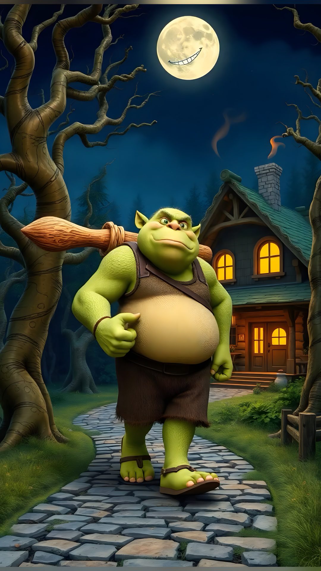a cartoon character holding a baseball bat in front of a house Halloween Shrek dark slate gray