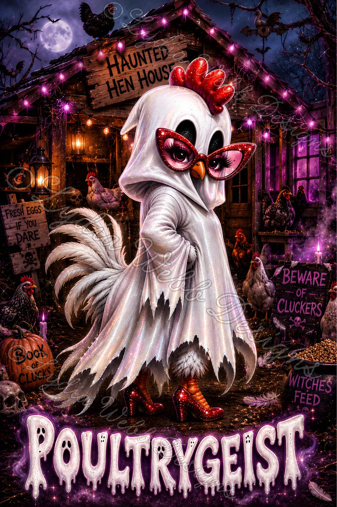 an image of a poster for a halloween party with a chicken in front of a house Halloween Chicken dark slate gray