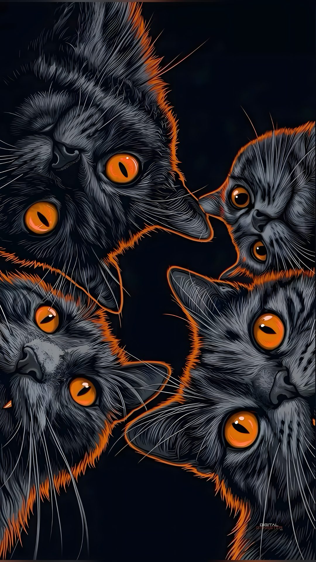 three black cats with orange eyes looking at each other Halloween Fiery Felines-black Custom black