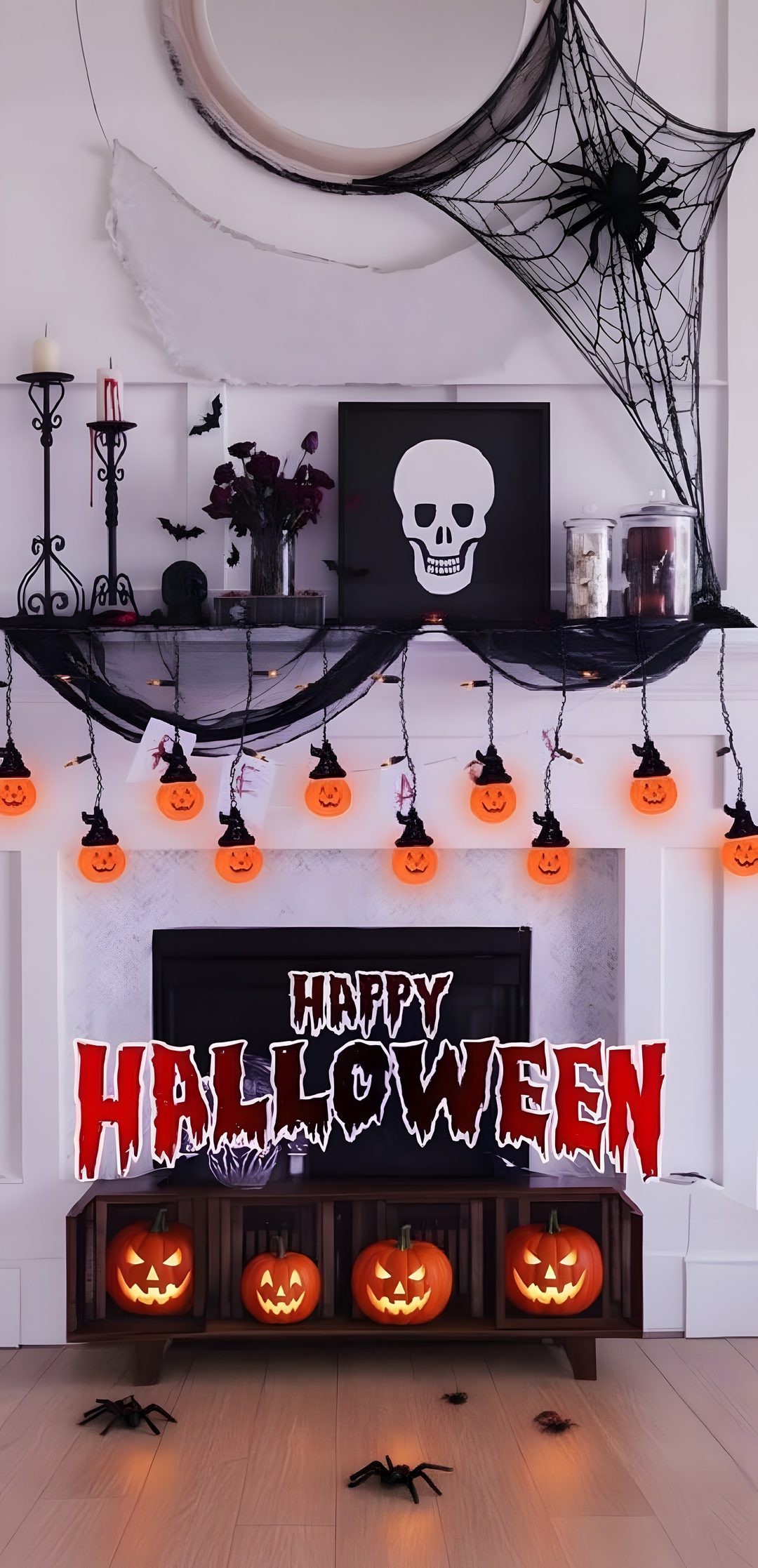 a fireplace decorated for halloween with pumpkins and jack - o'- lantern decorations Halloween Fireplace rosy brown