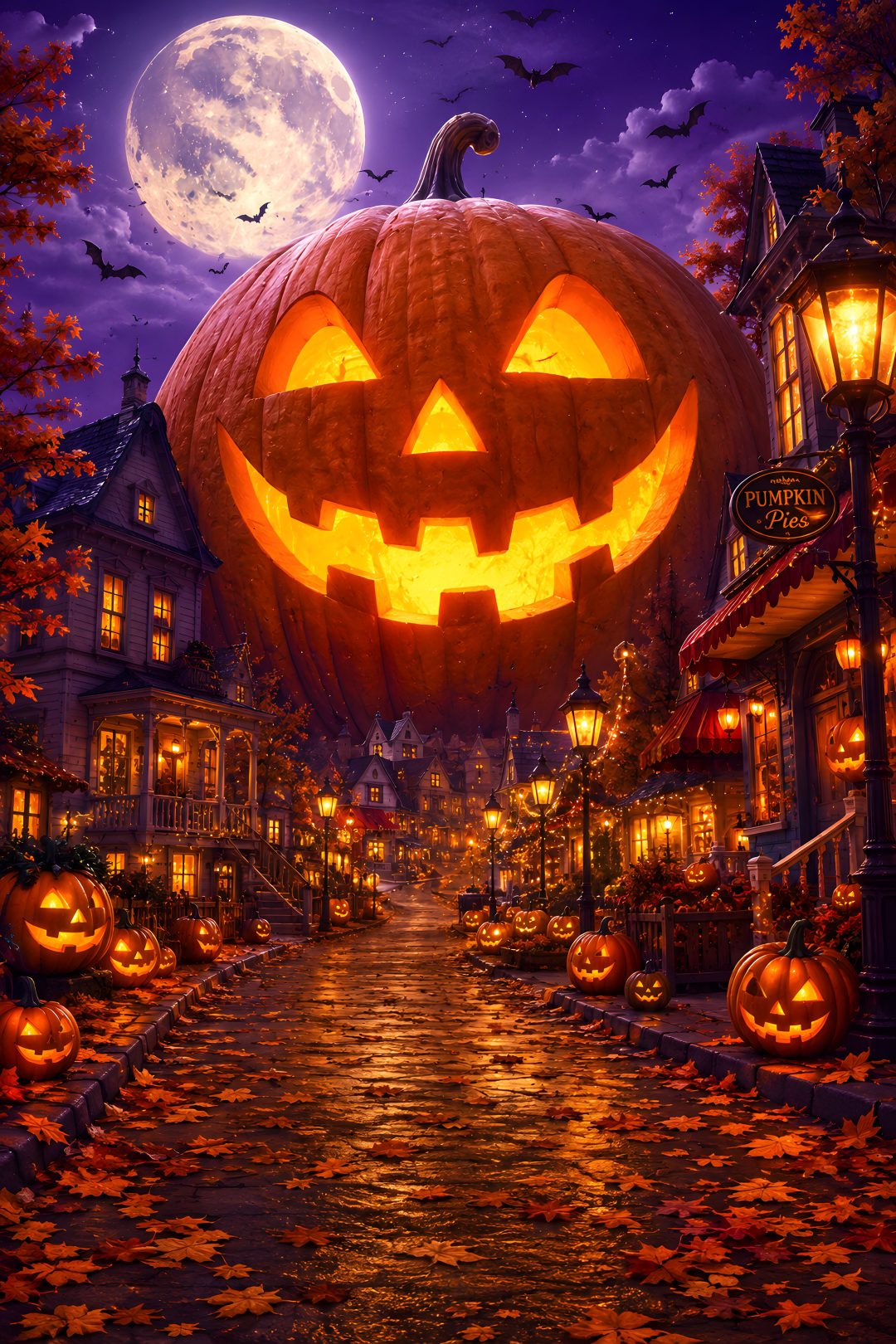 a halloween scene with pumpkins on the street Ios 26 Depth Effect Halloween Halloween, maroon