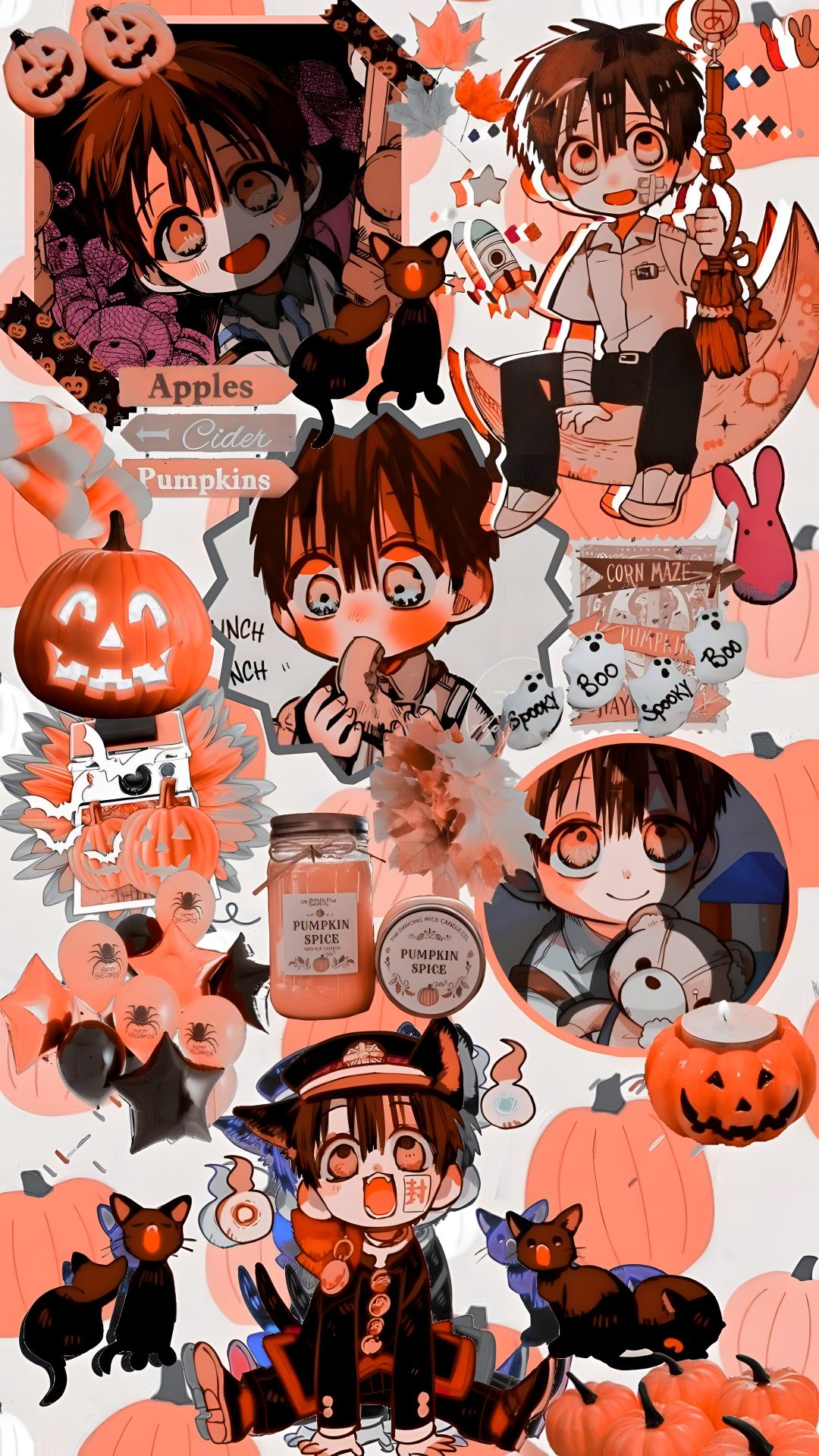 an image of halloween characters with pumpkins and cats on them, all in orange Hanako Halloween Halloween Names, I, Happy Halloween, Halloween, indian red