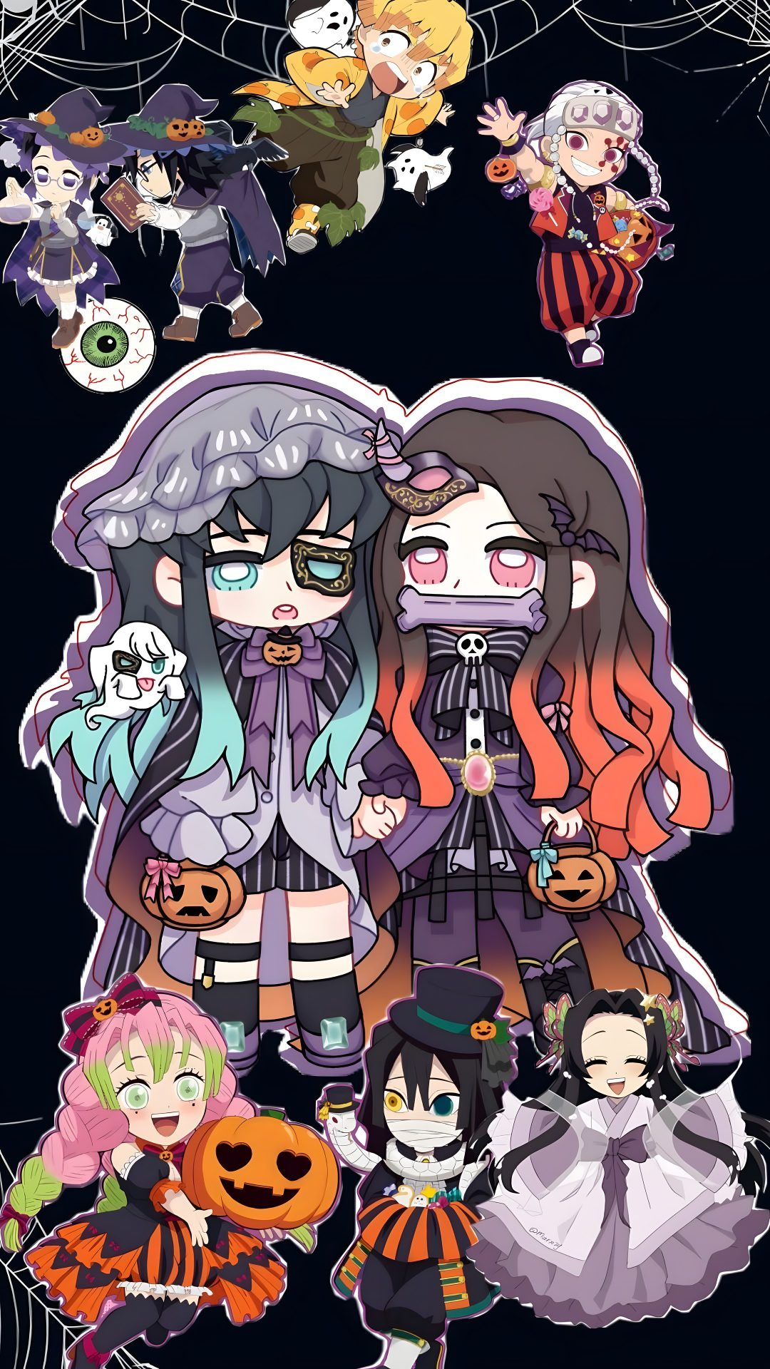 an image of some cartoon characters on a black background with pumpkins and spider web Demon Slayer Halloween dark slate gray