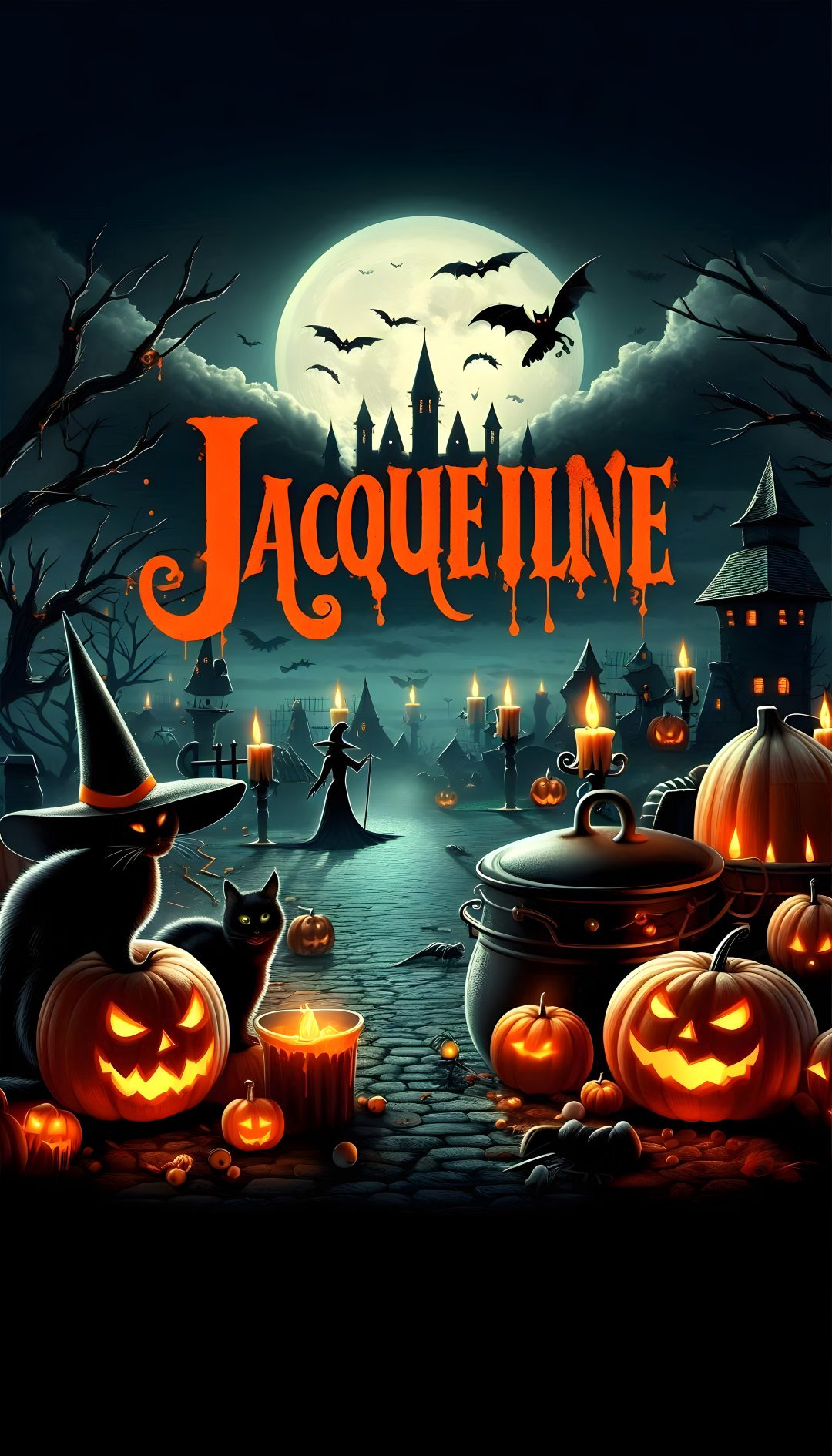 a halloween scene with pumpkins and witches Halloween-themed Name black
