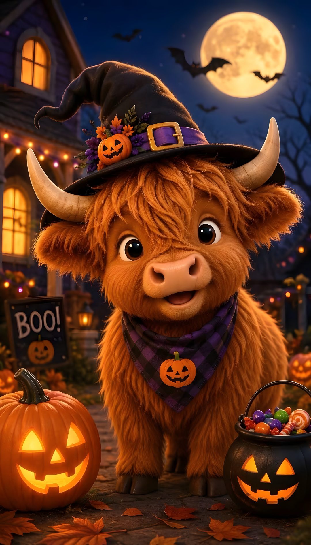 a cartoon cow wearing a witches hat next to pumpkins and jack - o'- lanterns Cute Halloween Highland Cow maroon