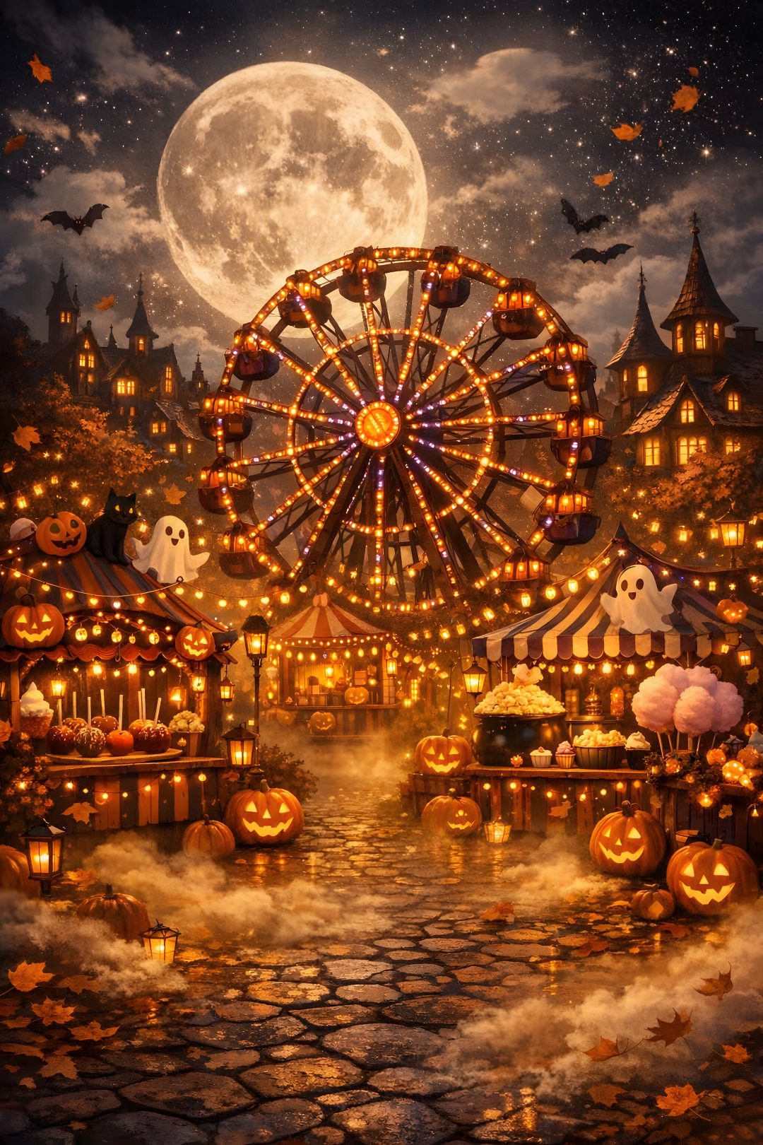 a painting of a carnival at night with pumpkins and jack - o'- lanterns Halloween Carnival saddle brown