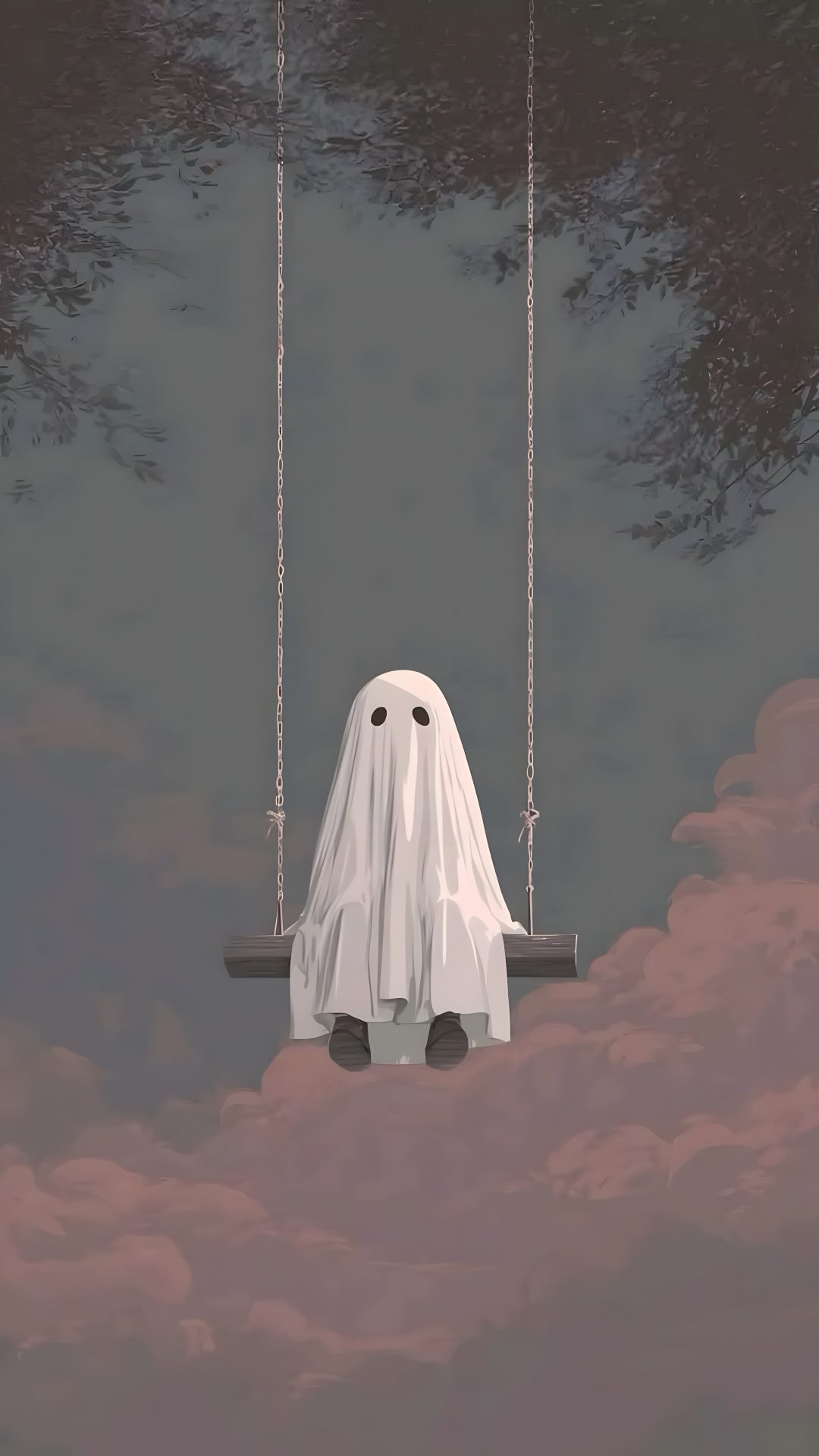 a ghost sitting on a swing in the sky Lock Screen Lock Screen Aesthetic Halloween Iphone dim gray