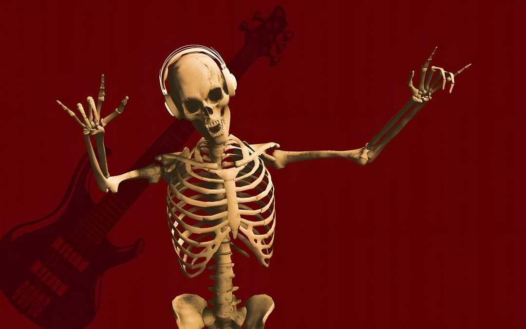 a skeleton with headphones on holding up his arms and guitar in front of him Halloween Skeleton Desktop maroon