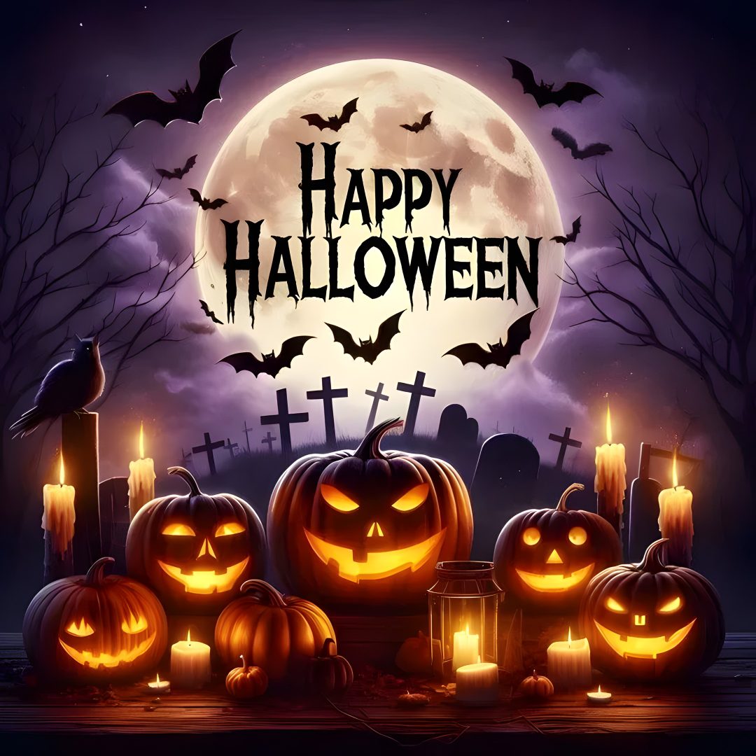 a group of pumpkins sitting in front of a full moon with the words happy halloween Imagenes De Halloween dark slate gray