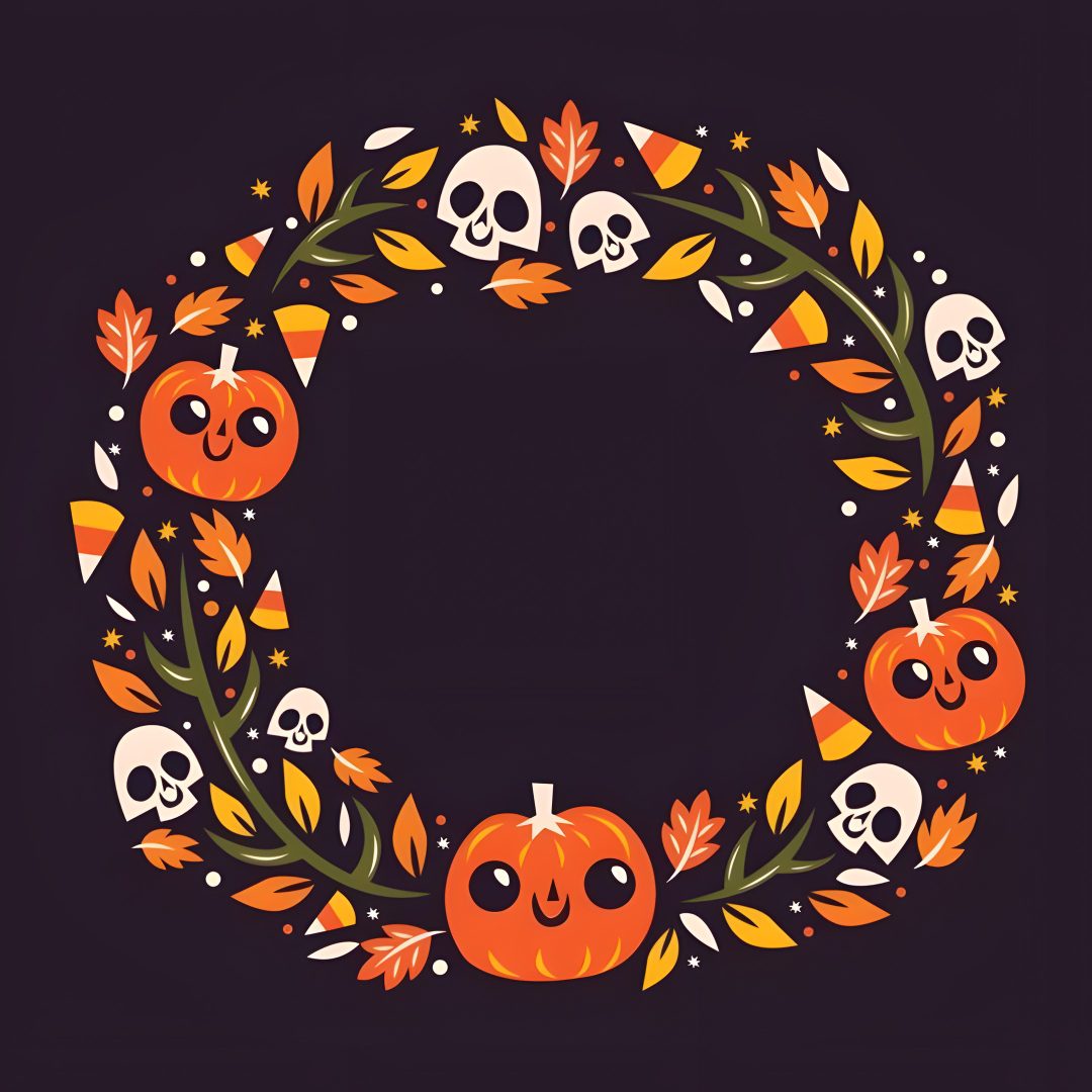 a halloween wreath with skulls and pumpkins Halloween Smartwatch Halloween Smartwatch, Autumn Halloween Wreath Design, Halloween Wreath Drawing, black