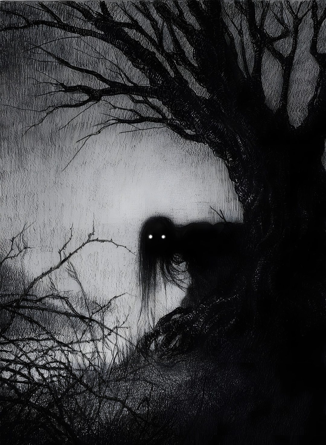 a black and white photo of a tree with a creepy face in the dark night Black Aesthetic Halloween dark slate gray