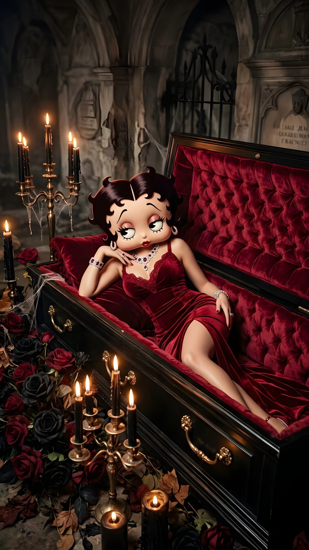 a woman in a red dress laying on top of a couch with candles around her Betty Boop Halloween black