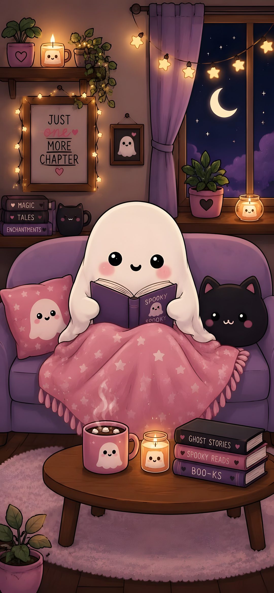 a cat reading a book while sitting on a couch in front of a window at night Halloween Reading dim gray