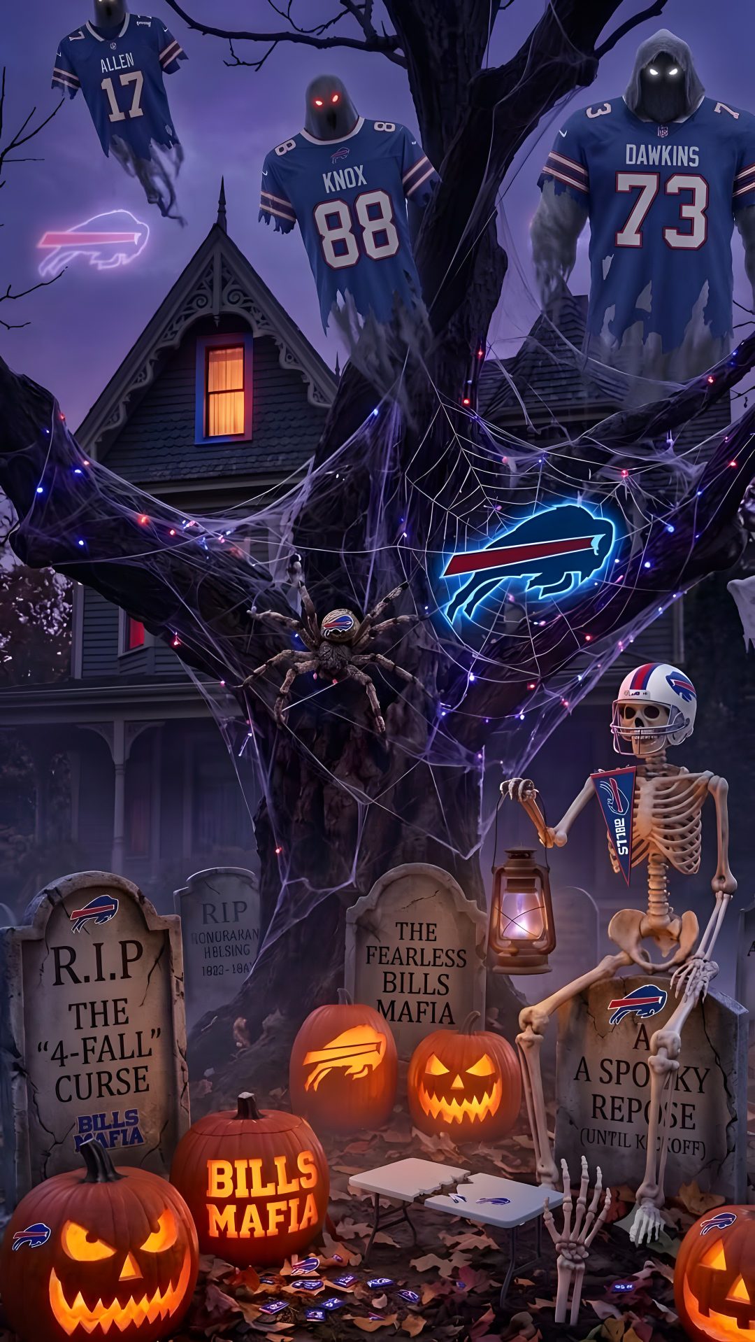 a halloween scene with skeletons and pumpkins in front of a house decorated for sports teams Buffalo Bills Halloween Halloween, dark slate gray