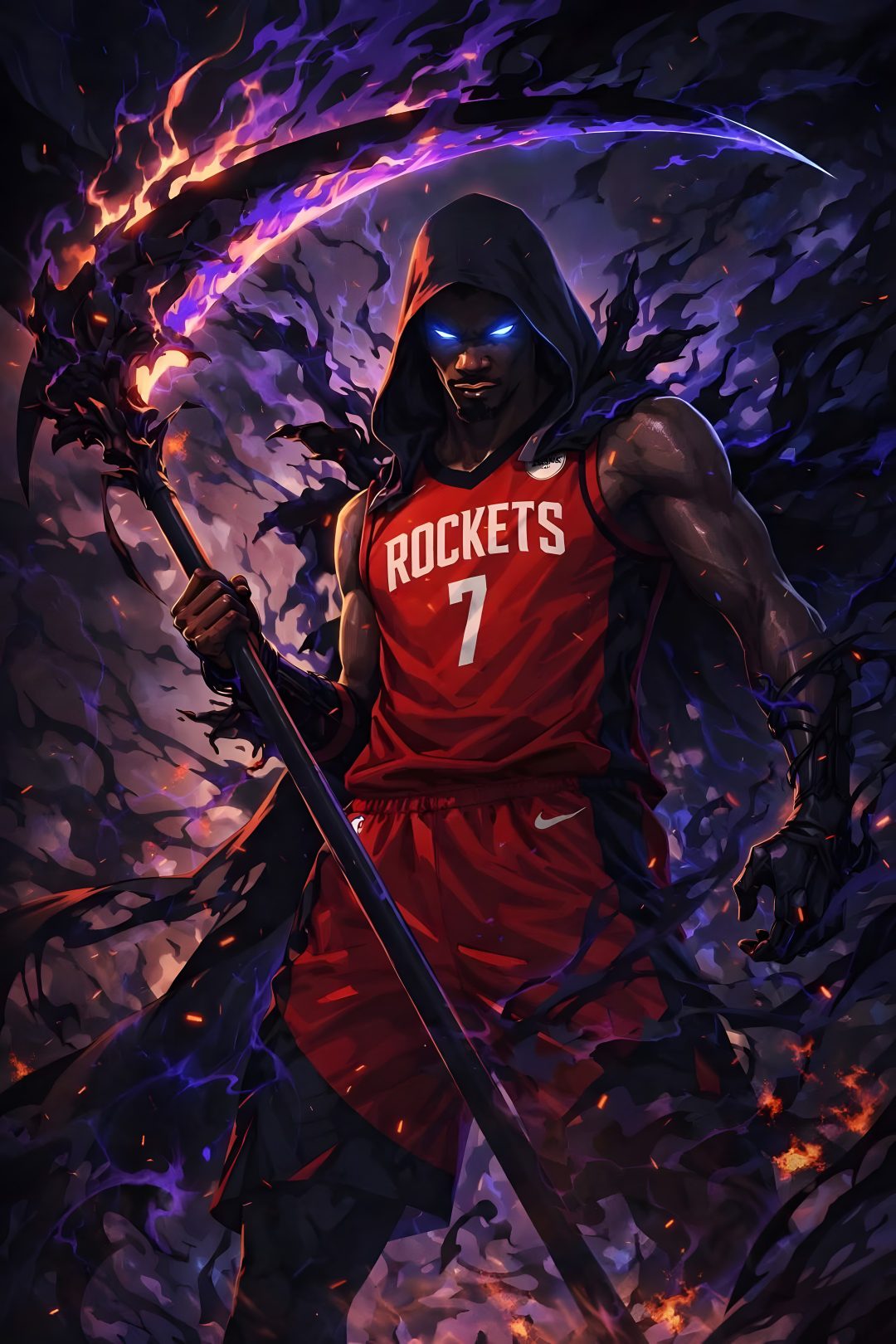 a painting of a basketball player holding a stick and wearing a red uniform with flames behind him Halloween Nba I Love Basketball, Superhero, Love And Basketball, black