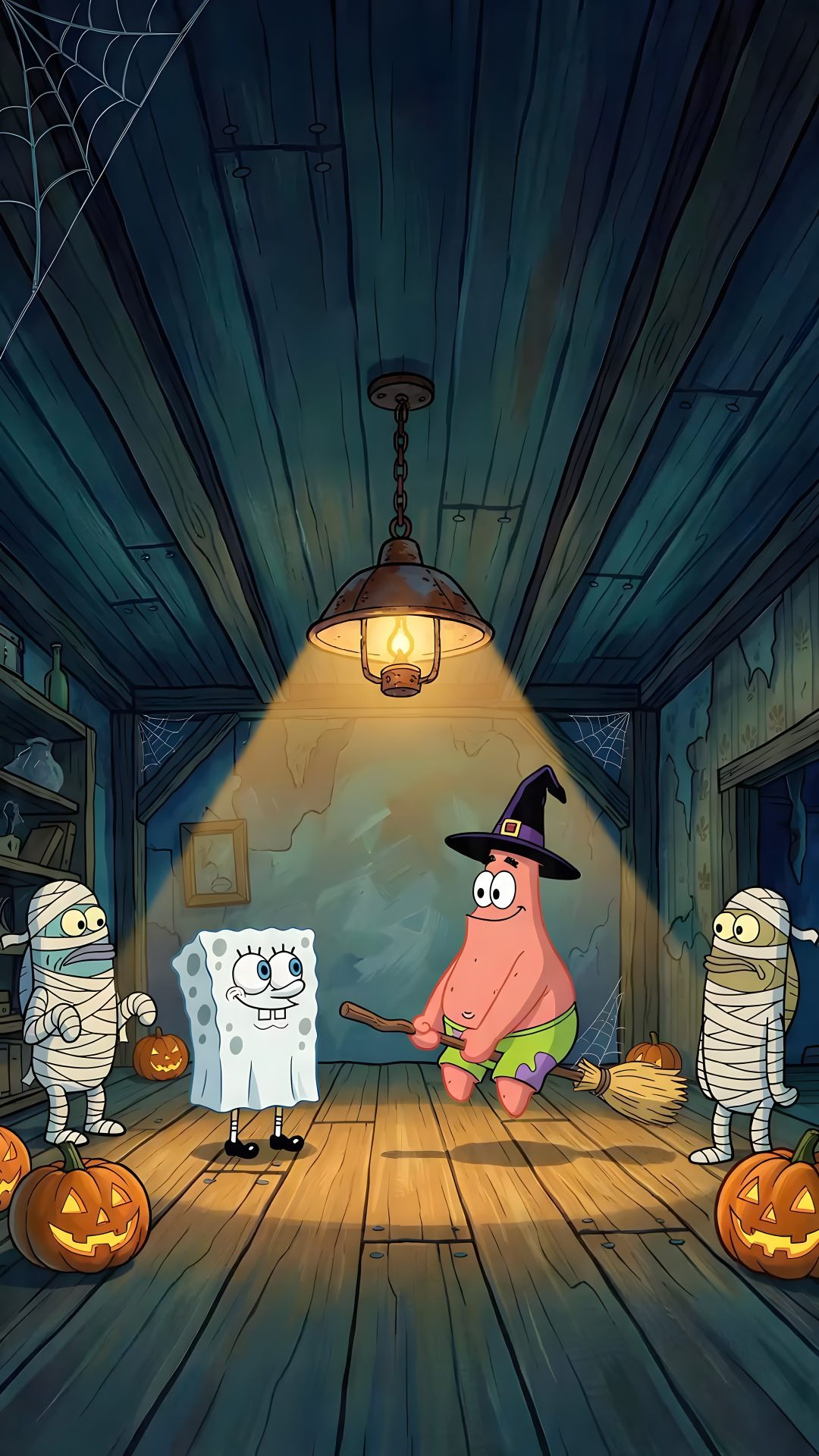 cartoon characters dressed up in costumes on a wooden floor with jack - o'- lanterns Spongebob Halloween dark slate gray