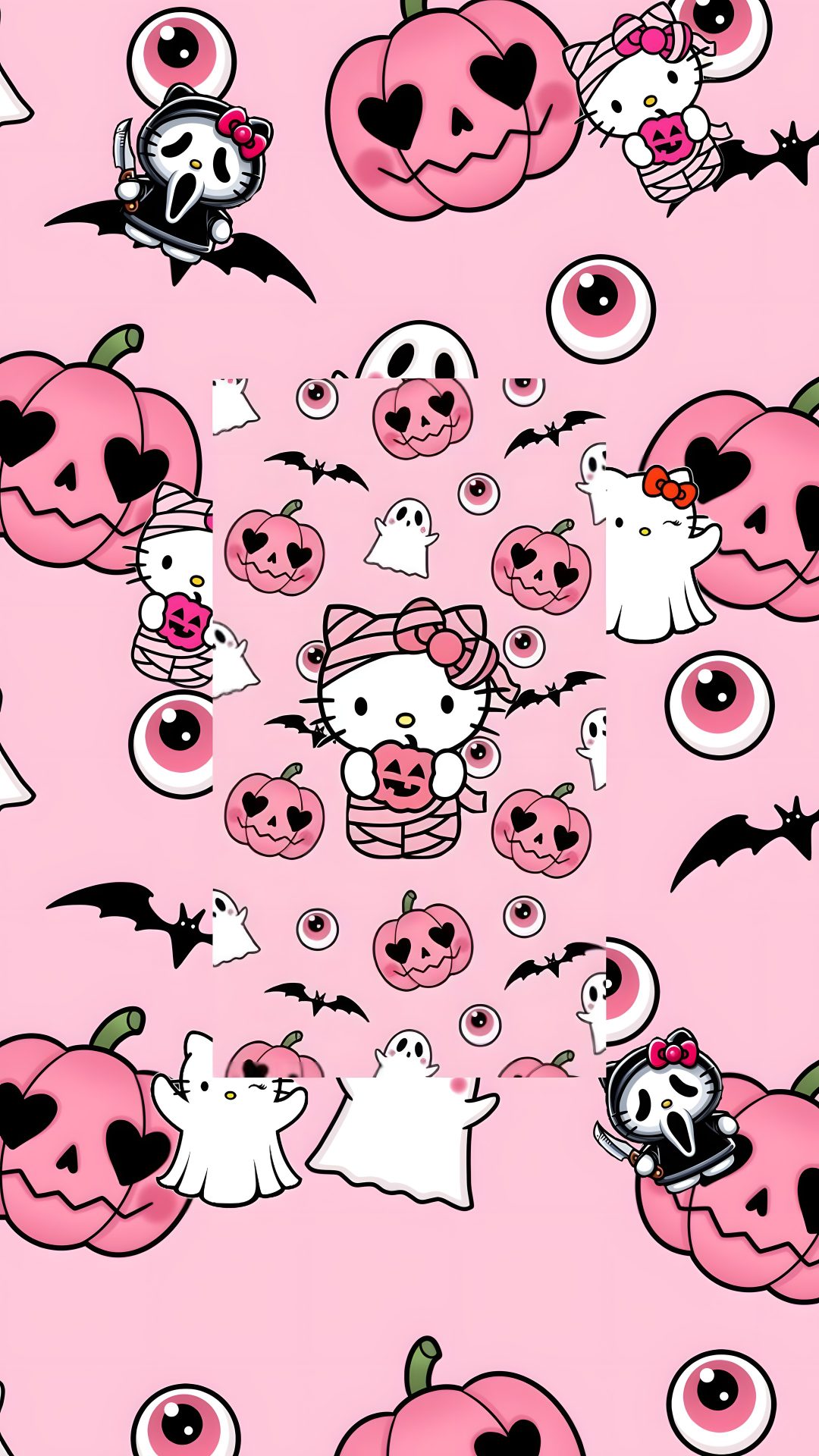 a pink background with lots of cartoon characters and pumpkins in the center, on top of each other Hello Kitty 4k Halloween Fantasy Art, Halloween Iphone Hello Kitty, Halloween, pink