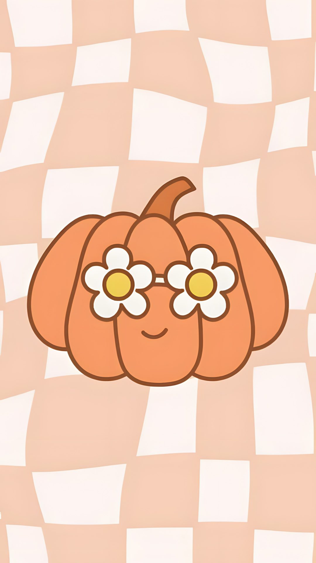 an orange pumpkin with daisies in its eyes on a pink checkered pattern background Preppy Halloween Aesthetic wheat