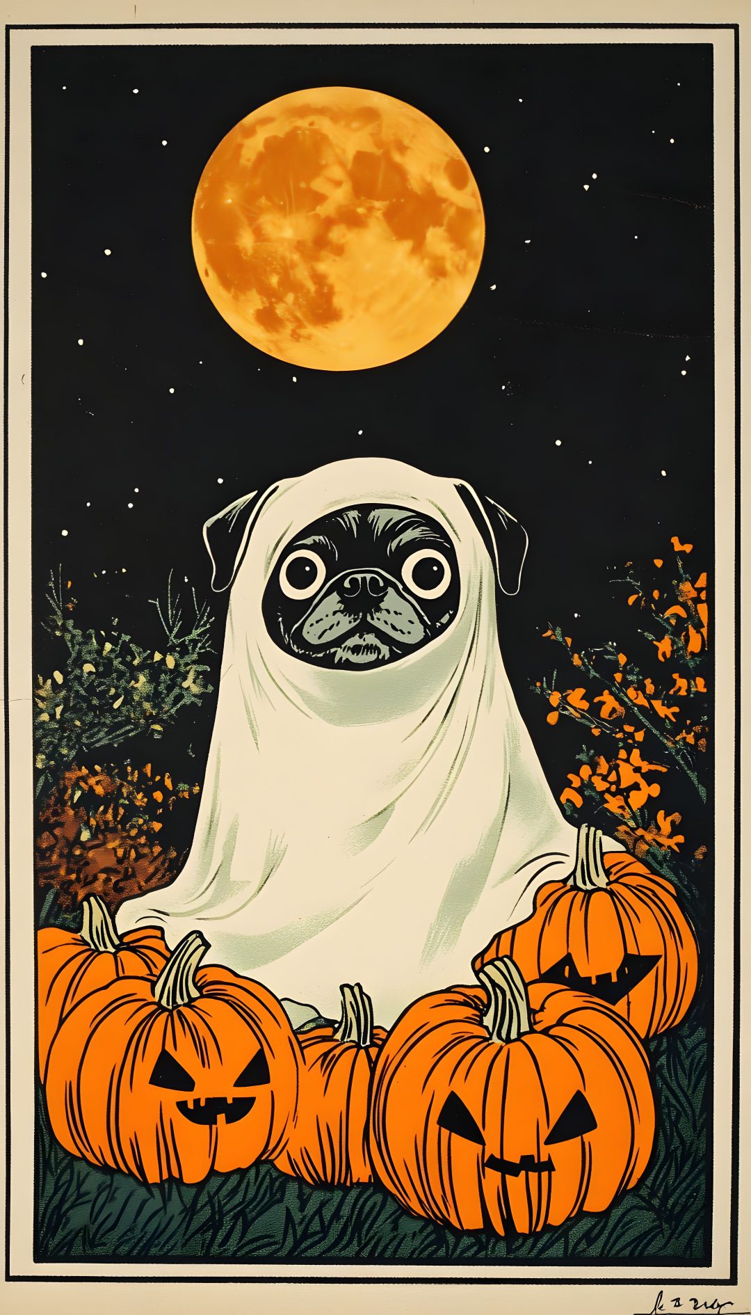 a pug dog in a ghost costume surrounded by pumpkins with a full moon behind it Halloween Pug Iphone Cute Home Screens, Halloween, dark olive green