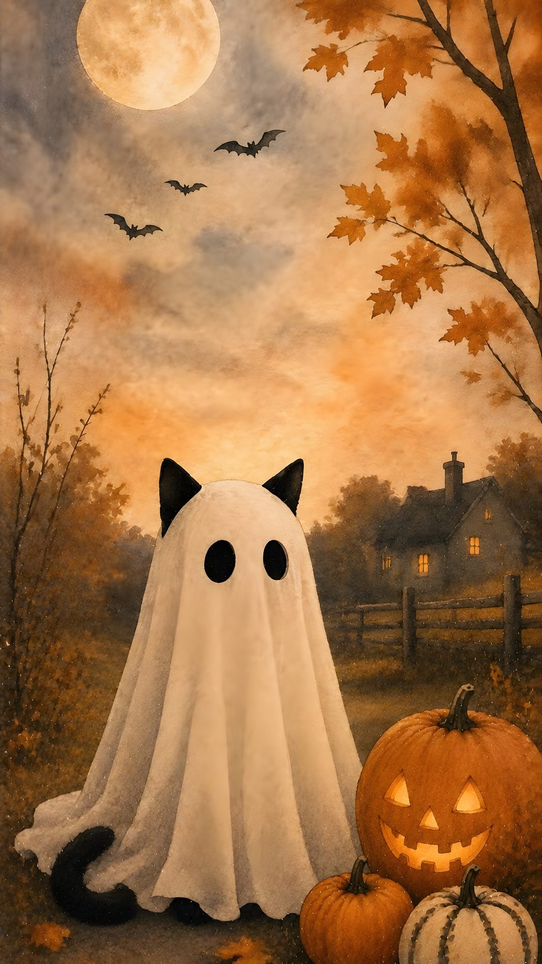 a painting of a white ghost and black cat sitting next to pumpkins in front of a full moon Halloween Cat Ideas peru