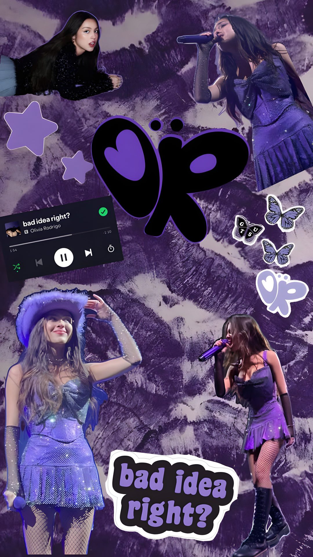 a collage of girls in purple dresses and butterfly wings with the words bad girl on them Halloween Olivia Rodrigo dark slate blue